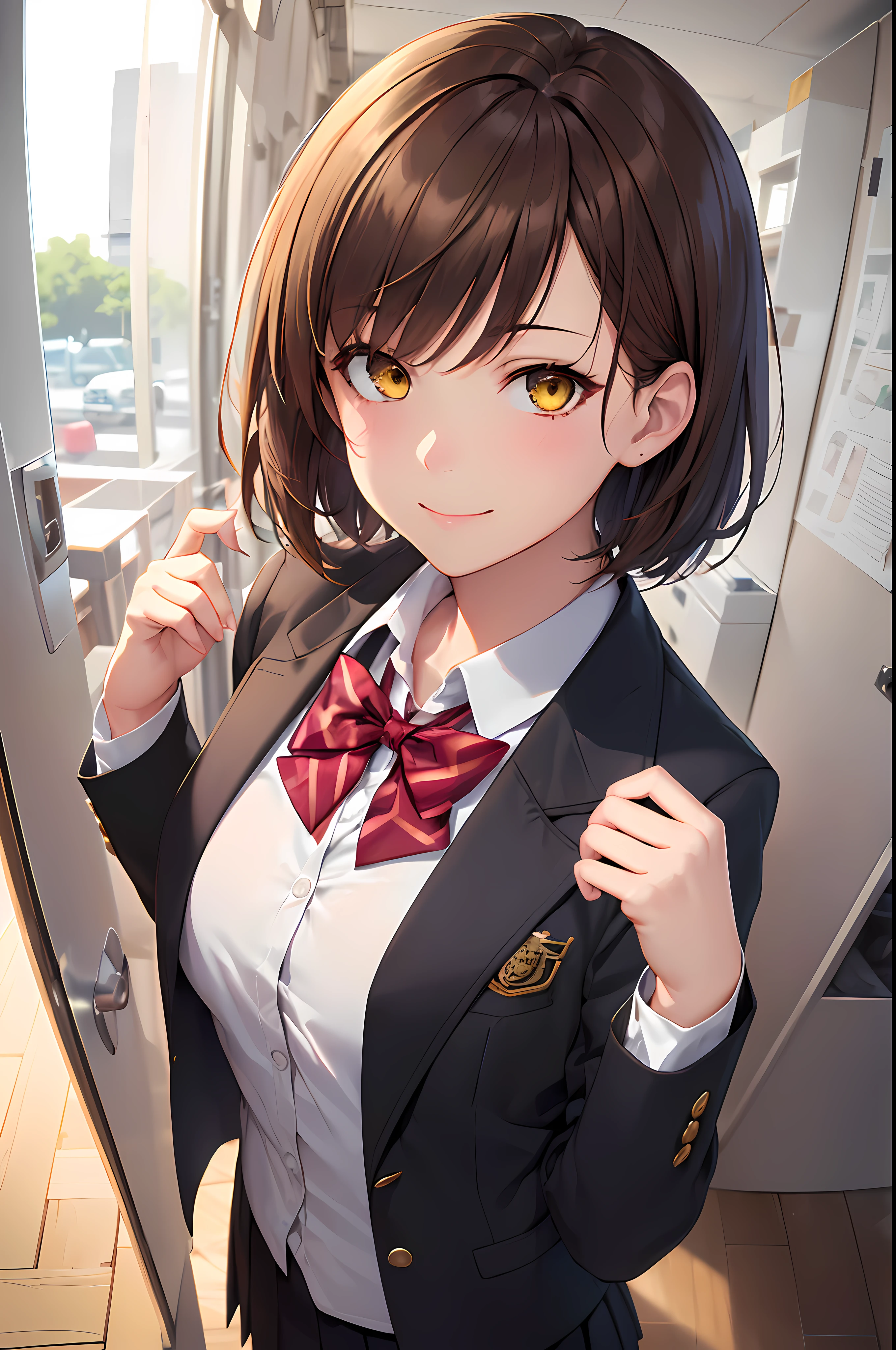 ((masterpiece, best quality, highres, UHD, perfect pixel, depth of field, 4k, RTX, HDR)), full body, colorful, glowing, 1girl, sole girl, beautiful anime girl, beautiful artstyle, anime character, touching_hair, cute, pretty, smiling, ((brown_hair, short hair, bangs)) ((yellow eyes:1.4, rounded eyes, beautiful eyelashes, realistic eyes)), ((smooth texture:0.75, realistic texture:0.65, photorealistic:1.1, anime CG style)), small breasts, High detailed, dynamic angle, perfect body, ((portrait, pov)), ((red bowtie, school uniform, black jacket, open jacket, white shirt, black skirt)), smile, ((detailed)), high school,