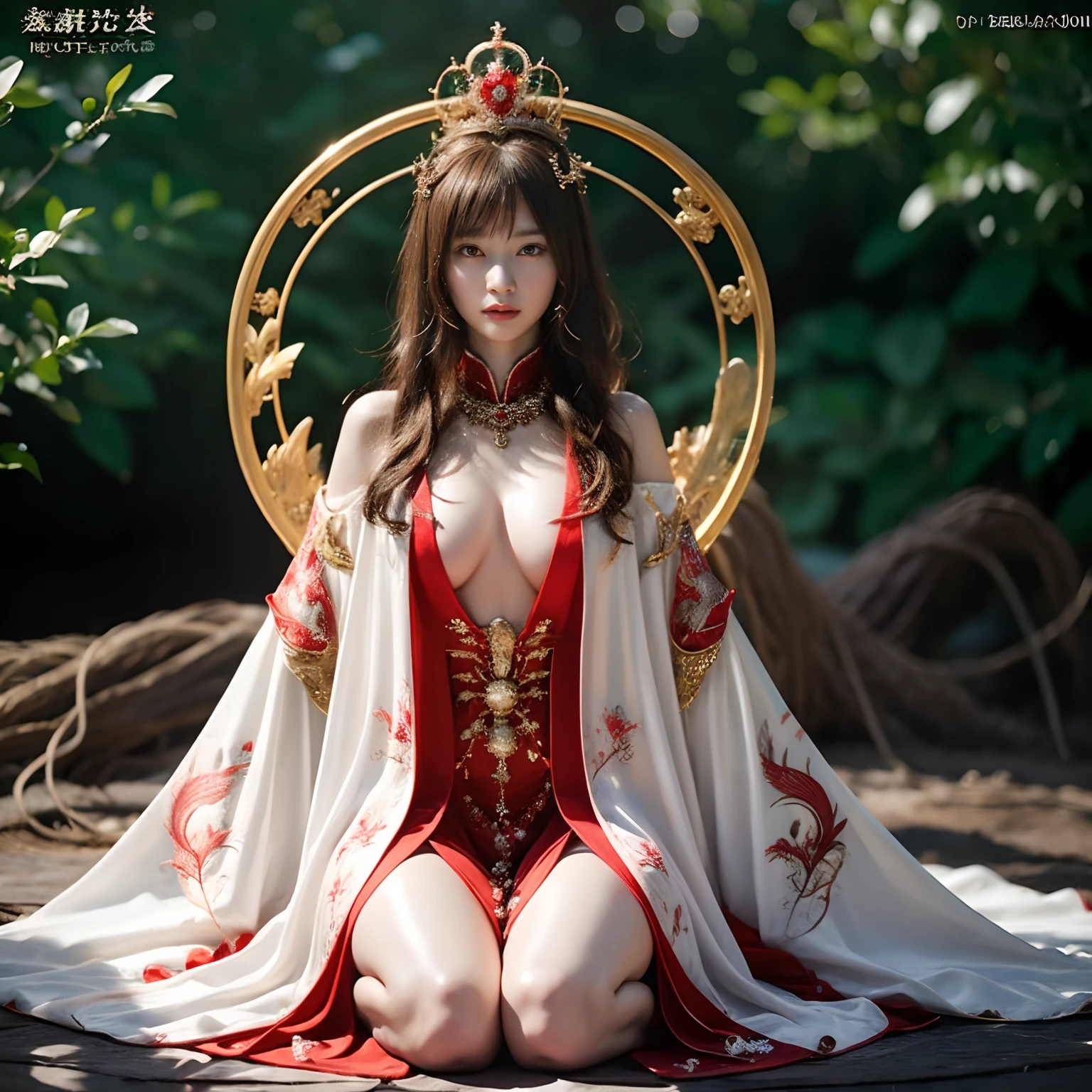 (Fight fiercely with dragons)、top-quality、​masterpiece、超A high resolution、（White Dragon Armor）、dragon armor、(Wearing a beautiful crown made of jewels),(Photorealsitic:1.4)、Raw photo、女の子1人、Golden hair、glowy skin、(((With the legendary sword)))、（Gorgeous Jewelry Necklaces）、（Mystical expression）、（Fight big dragons）、With a beautiful knife、（White Metal Bodysuit）、(beautiful forest background)、Precipitous cliffs、(Small LED)、((super realistic details))、portlate、globalillumination、Shadow、octan render、（One-Eyed Scouter）、8K、ultrasharp、Colossal tits、Raw skin is exposed in cleavage、metals、Details of complex ornaments、Japan details、highly intricate detail、Realistic light、CGSoation Trends、Red Eyes、radiant eyes、Facing the camera、neon details、(Mechanical limbs)、(blood vessels connected to tubes)、Mechanical vertebrae attached to the back、mechanical cervical attaching to neck、(Wires and cables connecting to the head)、Gundam、Small LED、,Mechanical thighs、Toostock、（Hands are also made of machines）、（veils）、