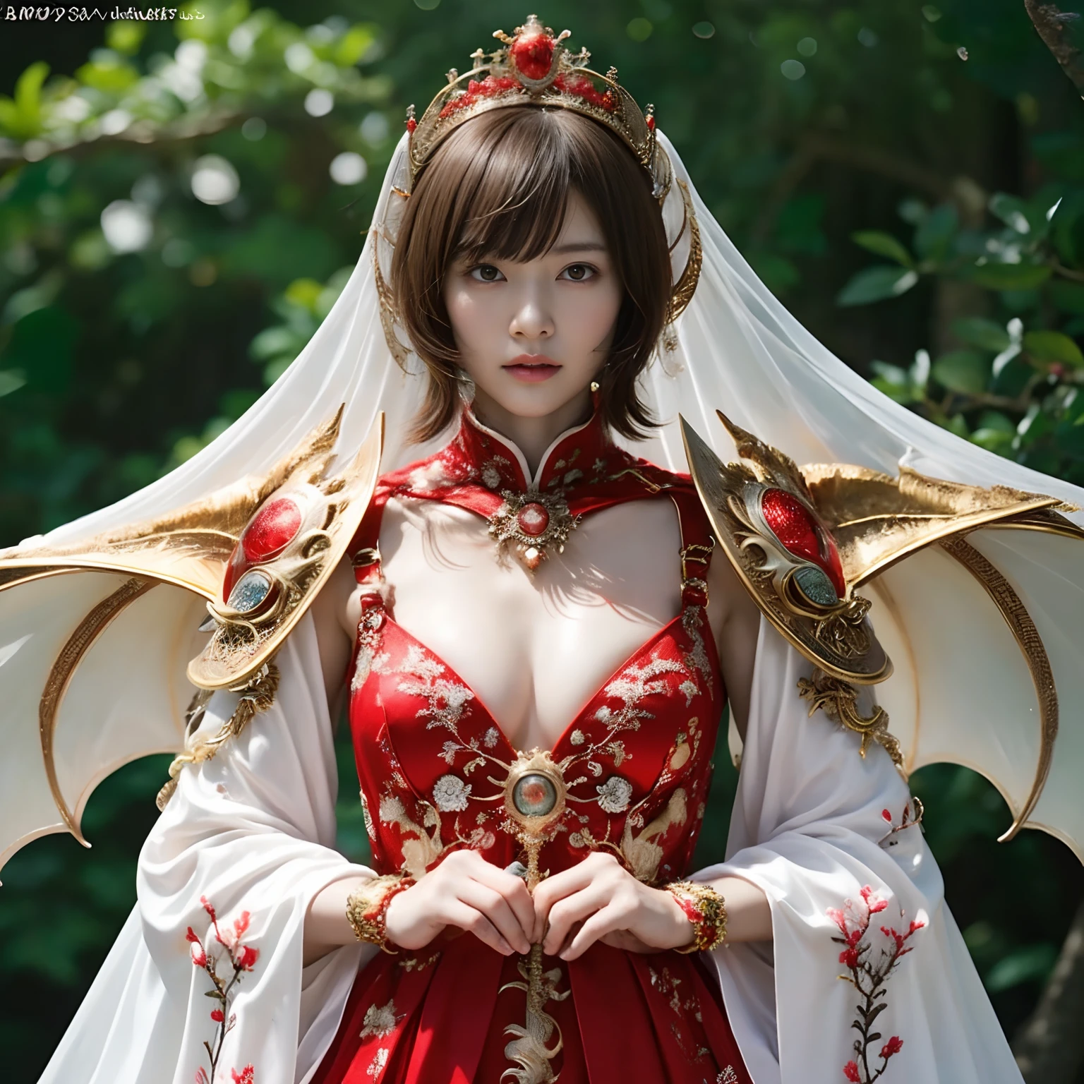 (Fight fiercely with dragons)、top-quality、masterpiece、超A high resolution、(White Dragon Armor)、dragon armor、(Wearing a beautiful crown made of jewels),(Photorealsitic:1.4)、Raw photo、1人、Golden hair、glowy skin、(((With the legendary sword)))、(Gorgeous Jewelry Necklaces)、(Mystical expression)、(Fight big dragons)、With a beautiful knife、(White Metal Bodysuit)、(beautiful forest background)、Precipitous cliffs、(Small LED)、((super realistic details))、portlate、globalillumination、Shadow、octan render、(One-Eyed Scouter)、8K、ultrasharp、Colossal tits、Raw skin is exposed in cleavage、metals、Details of complex ornaments、Japan details、highly intricate detail、Realistic light、CGSoation Trends、Red Eyes、radiant eyes、Facing the camera、neon details、(Mechanical limbs)、(blood vessels connected to tubes)、Mechanical vertebrae attached to the back、mechanical cervical attaching to neck、(Wires and cables connecting to the head)、Gundam、Small LED、,Mechanical thighs、Toostock、(Hands are also made of machines)、(veils)、