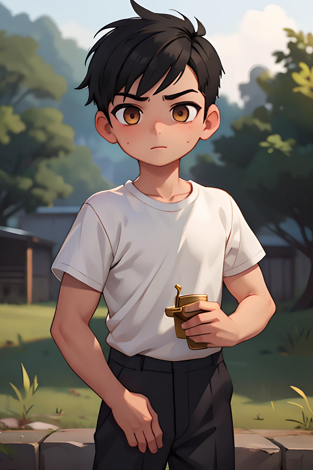 masterpiece, 1boy, young, handsome, black hair, undercut hair, perfect face, detailed eyes and face, gold eyes, shy expression, white shirt, clean shaved, muscular, capturing a rural atmosphere, dynamic lighting