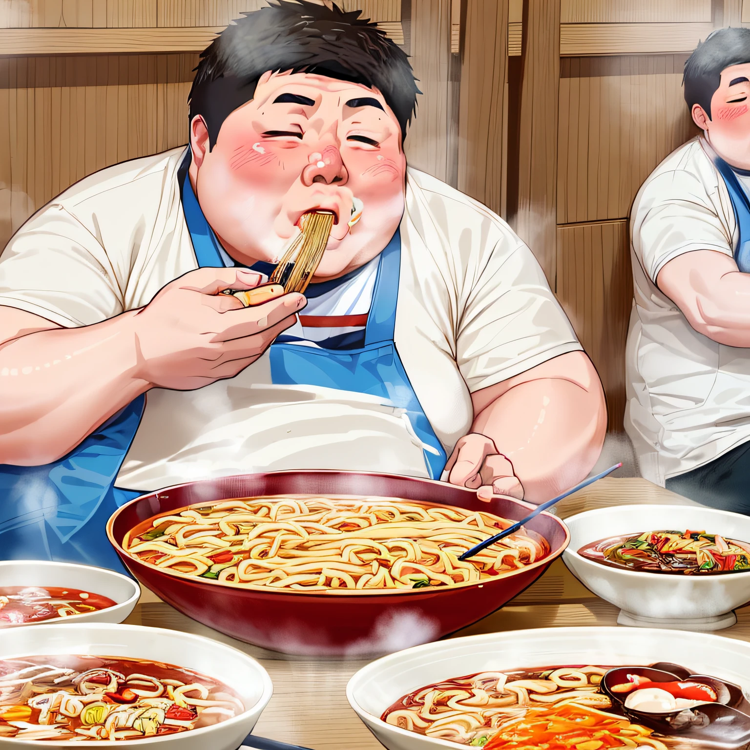 There are 10 men sitting at a table eating noodles and soup,Smoking alone。There is a lot of smoke coming out of the mouth。 Eating ramen, gluttony, eating noodles, super realistic food picture, mukbang, Little person devouring food々, Amazing food illustrations, kim jung gi, People eating meals々, fatness ), kazuo umezu artwork, Ramen, by Kanō Naizen, fatness