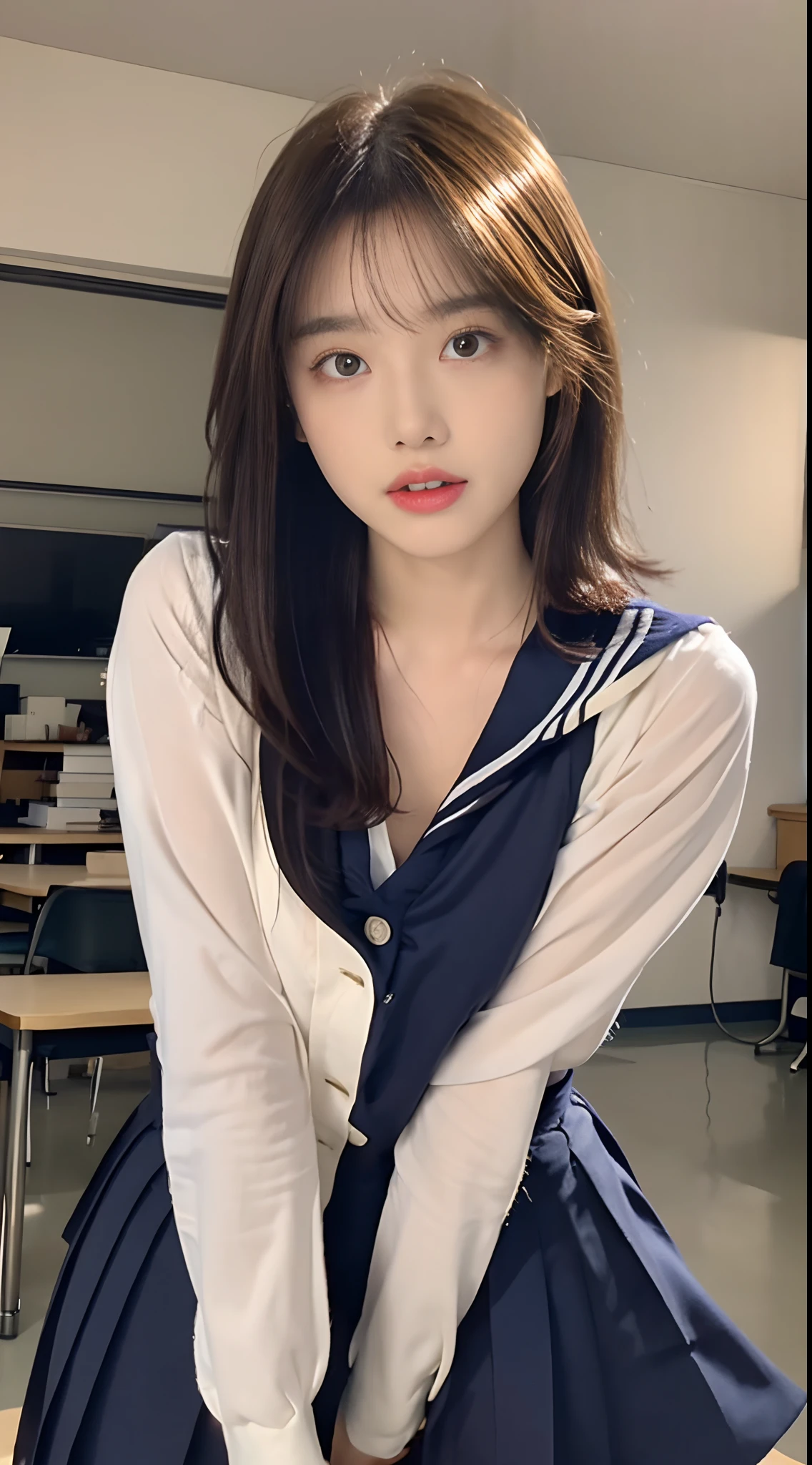 (Top Quality, 8K, Masterpiece: 1.3)), Focus: 1.2, Perfect Body Beauty: 1.8, Ass: 1.2, ((Layered Haircut, Breasts: 2.5)), Japan High School Girl, Sailor Suit Worn by Japan High School Students, JK, (School, Classroom), Highly Detailed Face and Skin Texture, Big Eyes, Tanuki Face, Double Eyelids, Whitened Skin, Shoot Cut