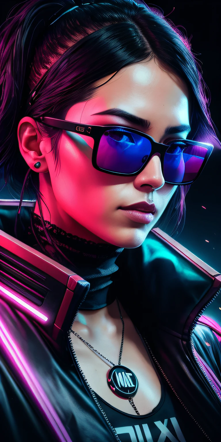 akudama drive style, a woman in sunglasses, synthwave art style, cyberpunk vibe, retrowave vibes, cyberpunk art style, mechanical face, bright cyberpunk glow, synthwave art style, cyberpunk vibes, intricately detailed Splash Art Triadic Color Trend Artstation Unreal Engine 5 Volumetric Lighting, Gothic, High resolution, close-up, ambient light, Nikon 15mm f/1.8G, by GIlSam-paio octane rendering depicting innovation and truth, full body, 8k, by Lee Jeffries, Alessio Albi, Adrian Kuipers, glamour, intricate detailed environment, lace, blurs, dark watercolor background, masterpiece, ornate, depth, 80s