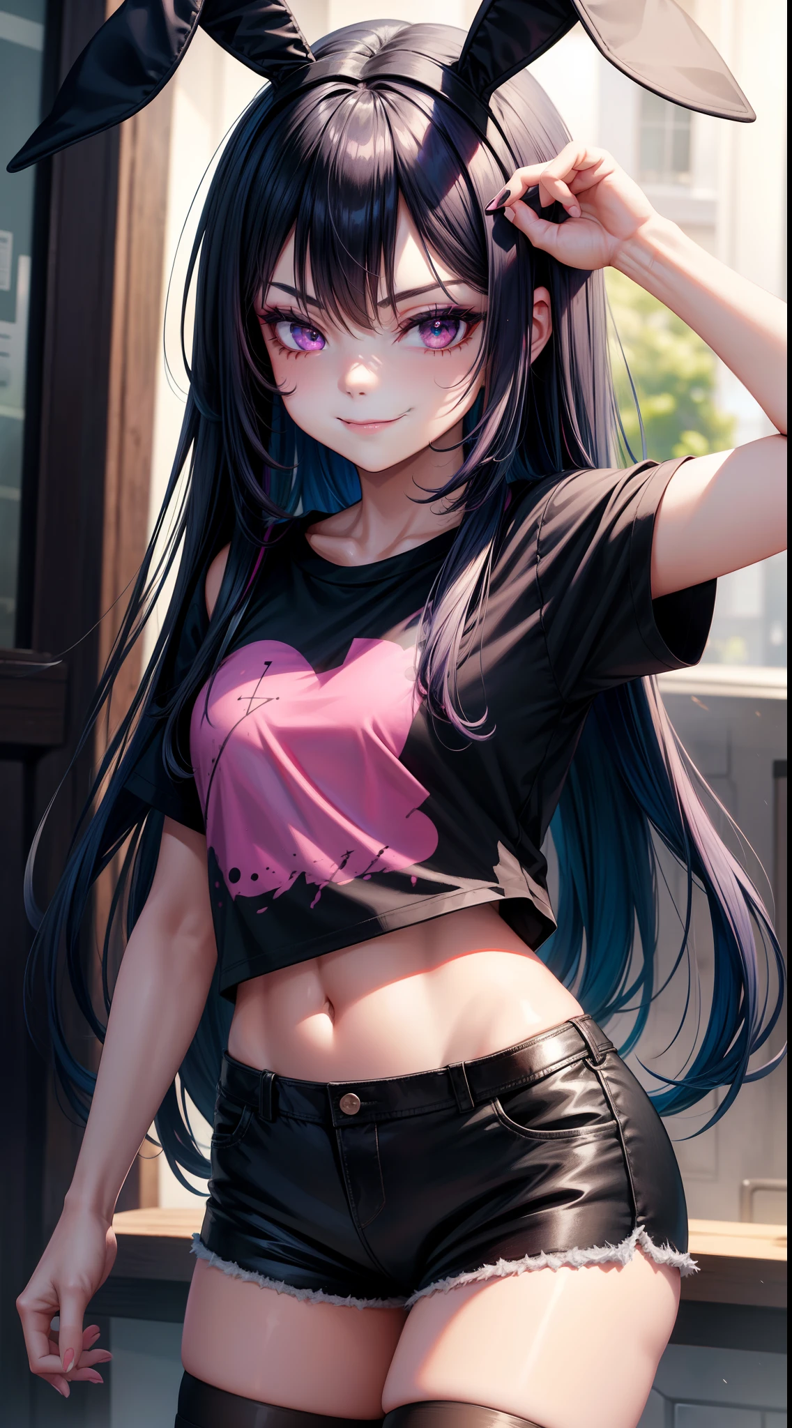 young girl, long dark blue hair, bunny ears, pink eyes, black lipstick, black eye shadow, smirk, tshirt, Short shorts, Masterpiece, hiquality, 4k, HD, Good detail