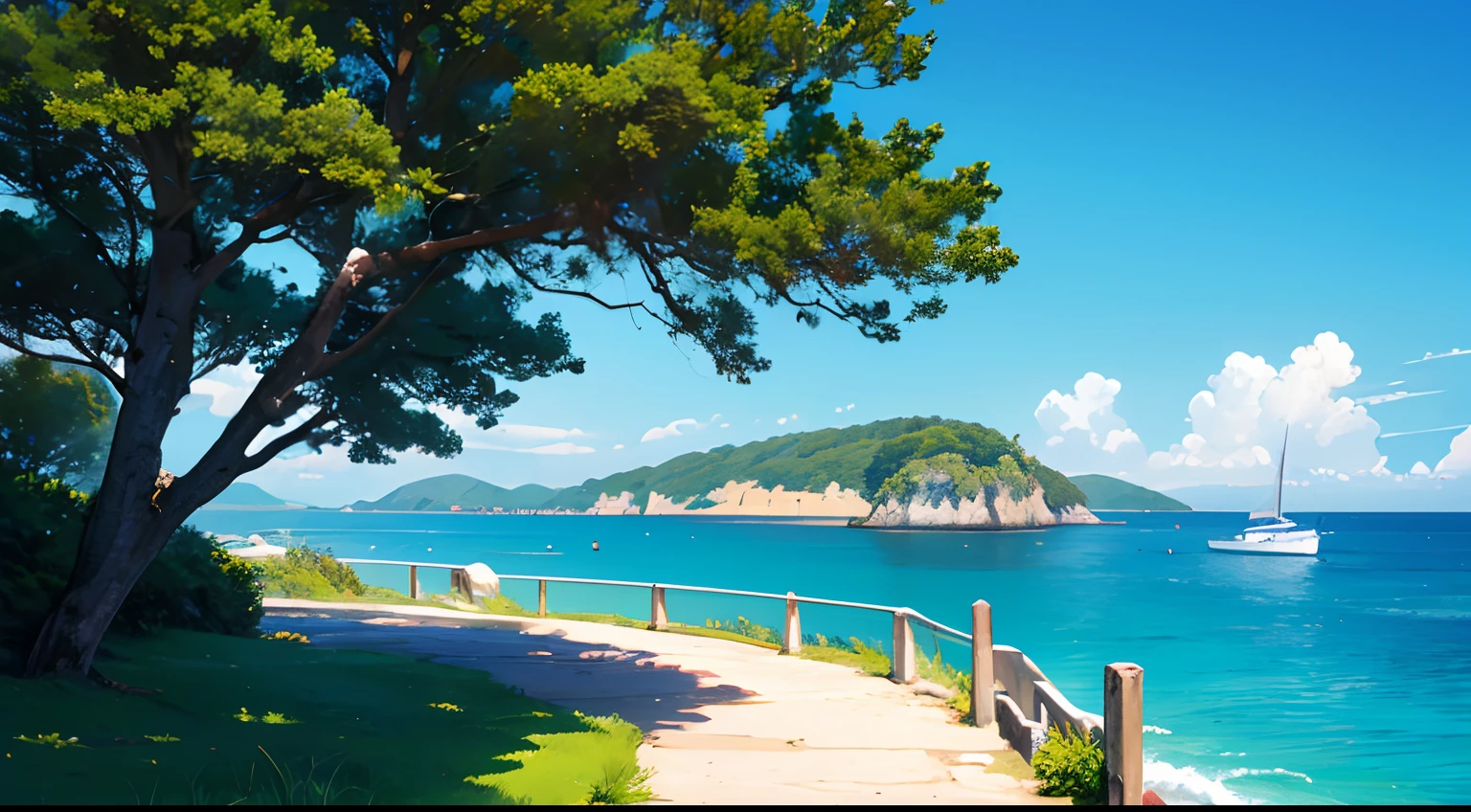 ((Best Quality, 8K, Masterpiece: 1.3)), Crystal clear sea backdrop surrounded by towering cliffs and lush vegetation