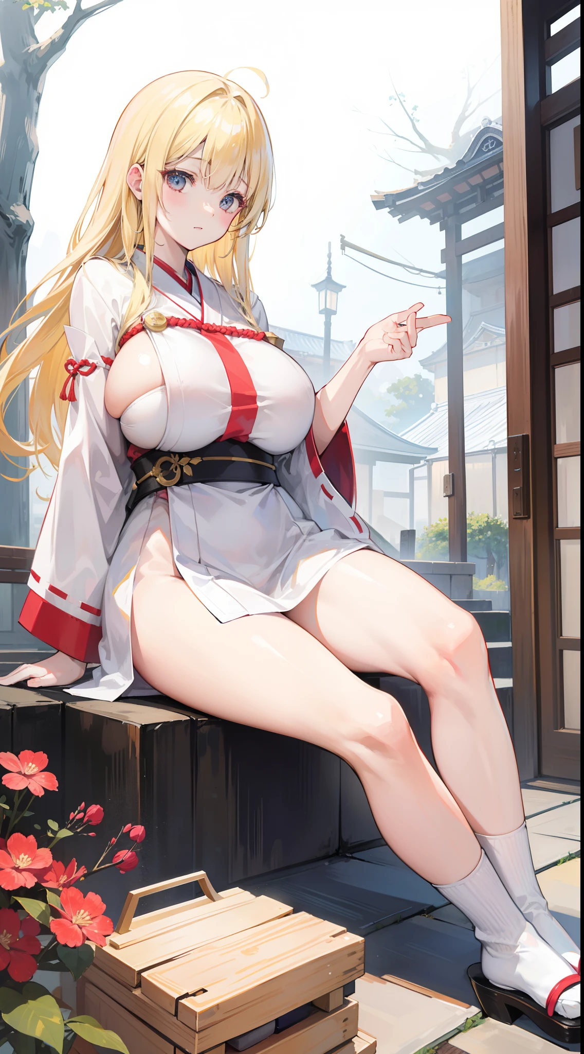 The blonde,Japan Priestess,white short socks,clogs,(huge tit),(Lower breast:1.9)