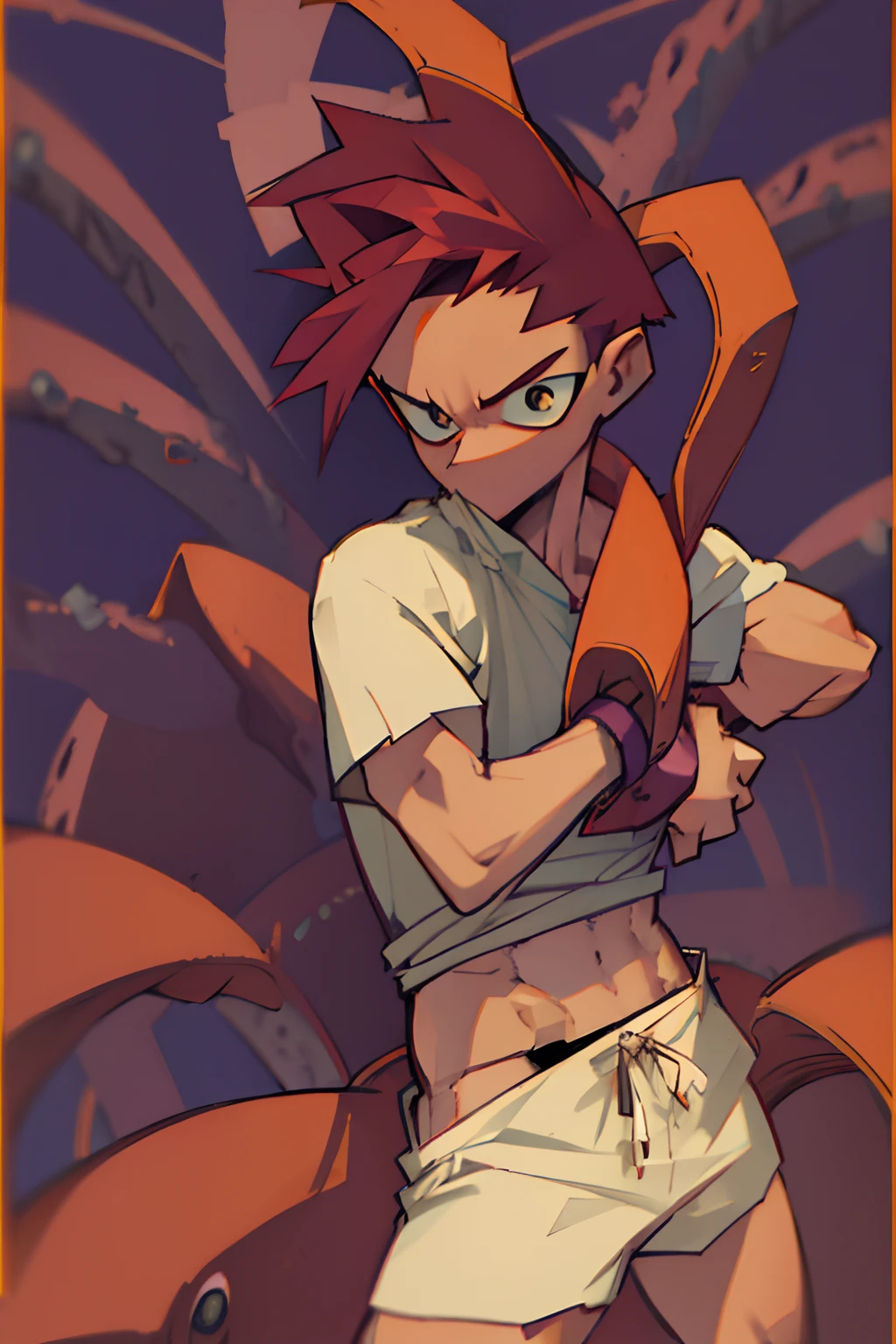 masterpiece,solo, 1boy, Crono_CT,solo, white headband, orange neckerchief, red hair, spiked hair, ((( standing,nude, penis))), upperbody focus, standing, (naked:1.1)