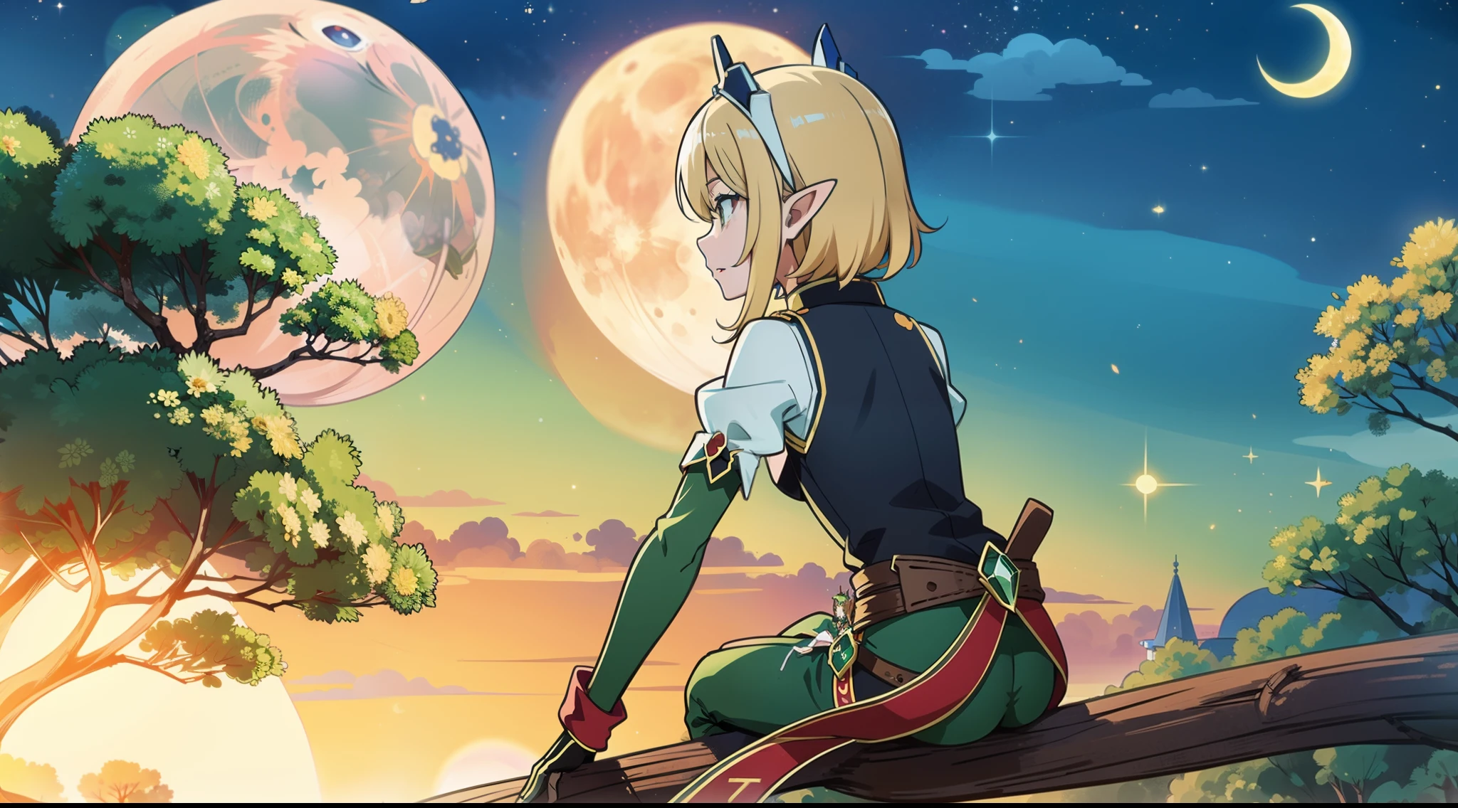 Dragon Valley Daybreak Cavalry，The heroine，Leah，Elf Princess，Emerald Warrior，Sit on a branch and watch the moon。