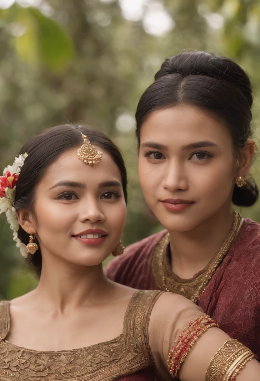 a group of women and men from the era of the Pajajaran kingdom (Sunda ethnic) in Java Indonesia taking selfies and having fun, smiling, masterpiece, best quality, 
(detailed face, detailed skin texture, ultra-detailed body), realistic, 24mm, 4k textures, DSLR, HDR, soft cinematic light, best 8k, insane details, 
intricate details, hyperdetailed, hyper quality, great detail, ultra-detailed