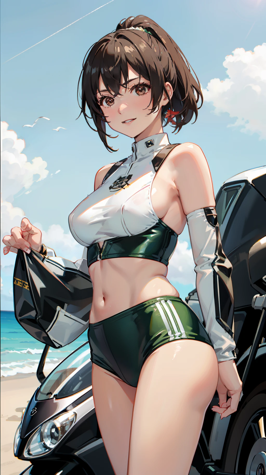 Motorcycle anime girl in short green mini skirt and green leather bra、Big breasts、Leather Costume、White silk panties、blured background、1girl in、Race Queen、Brown ponytail、ninjartist、bblurry、A smile、a navel、looking at the viewers、outside of house、Skindentation、tag、solofocus、The bikini、Brown-eyed、swim wears