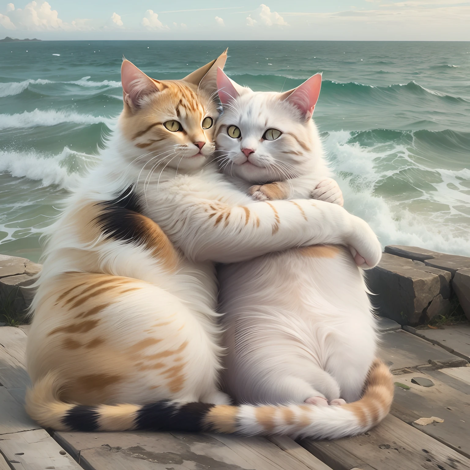 Two cats hugging each other, smiling,  seaside,