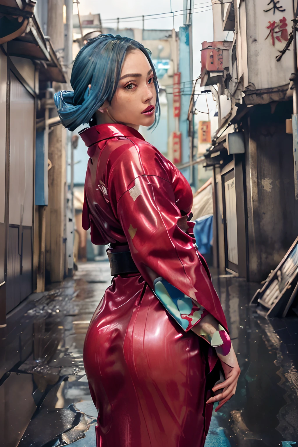 8k, ARTISTIC photography, best quality, masterpiece: 1.2), (realistic, photorealistic: 1.37` Movie still from the matrix movie, (cyberpunk woman,elegant), ((Blue hair)) , ((Yu Shinohara)), over-detailed face, (((big open eyes))), beautiful body, voluptuous body (( dressed as futuristic Geisha clothes, ǍCROŇYM)). (((latex red Kimono))), background is Kowloon City、Back alley、(Wet ground)、((Delicate depiction))、pipes、duct、electric wires、signboard、Japanese signs, plein air, tag, simple background, blue open sky, shorth hair, Skysky, looking at the viewers, stairway, cinematic lighting,