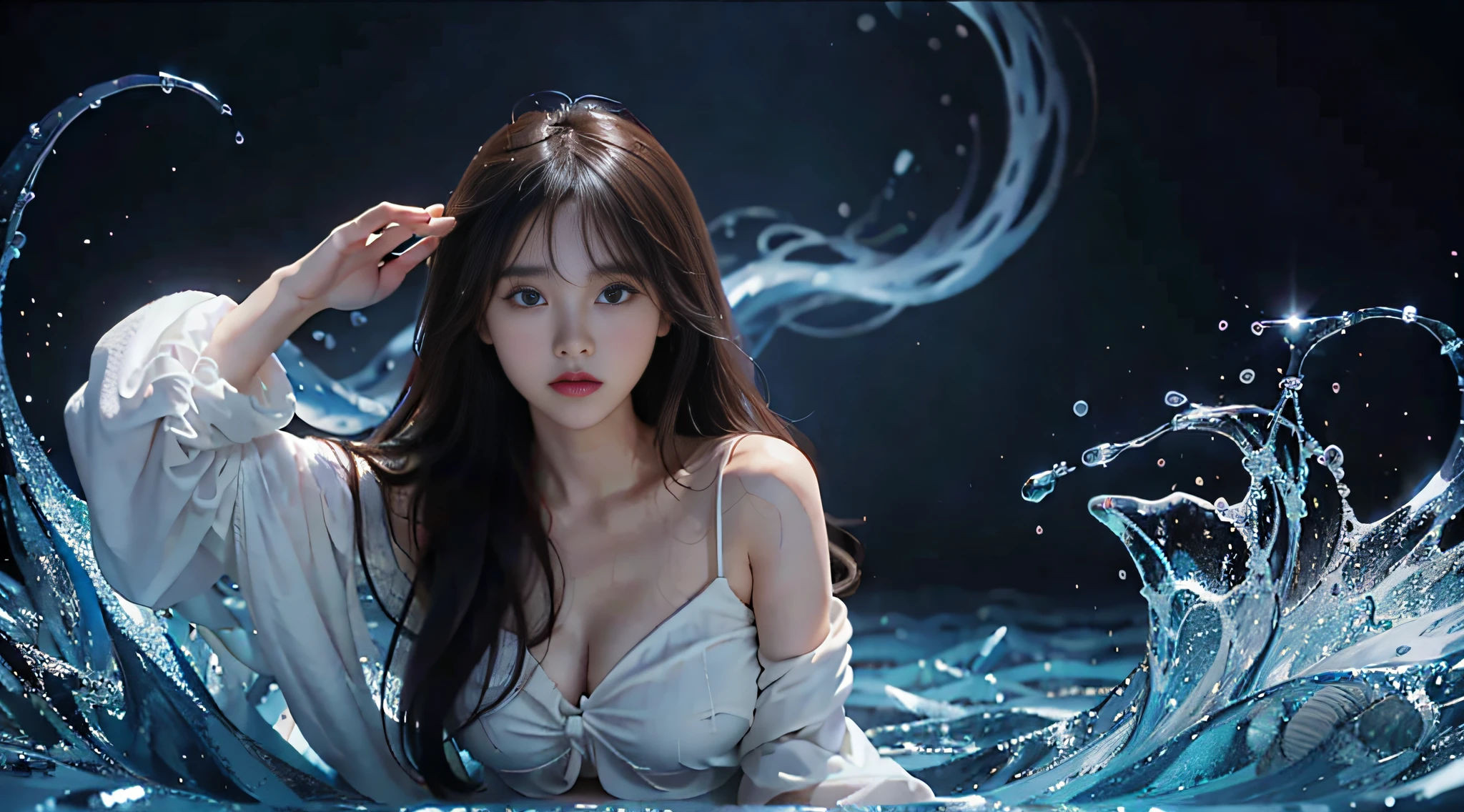 Fantastic Stage,Night, Dark, (Fantasy),infinite,deep blue sky,The abyss of knowledge,Cowledge,((masutepiece)), (((Best Quality))),((Beautiful fine eyes)),(Eye lashes)、Crystal Shards、Realistic clouds、Very beautiful face、The ultra -The high-definition、Girl singing with microphone、(1人)、Black hair、The long-haired、abyss eyes、glowy skin、oils、small tits、Perfect human body structure、、Tee、Super delicate CG Unity 32k wallpaper、photoRealstic、masterpiece, ((ultra-detailliert)), ((illustratio)),colourfull,wall-paper,The energy,Unknown terror,Incomprehensible,Boken,Flying pages,Know everything,Predict the future、Get to know the past、Infinite wisdom、blue flames