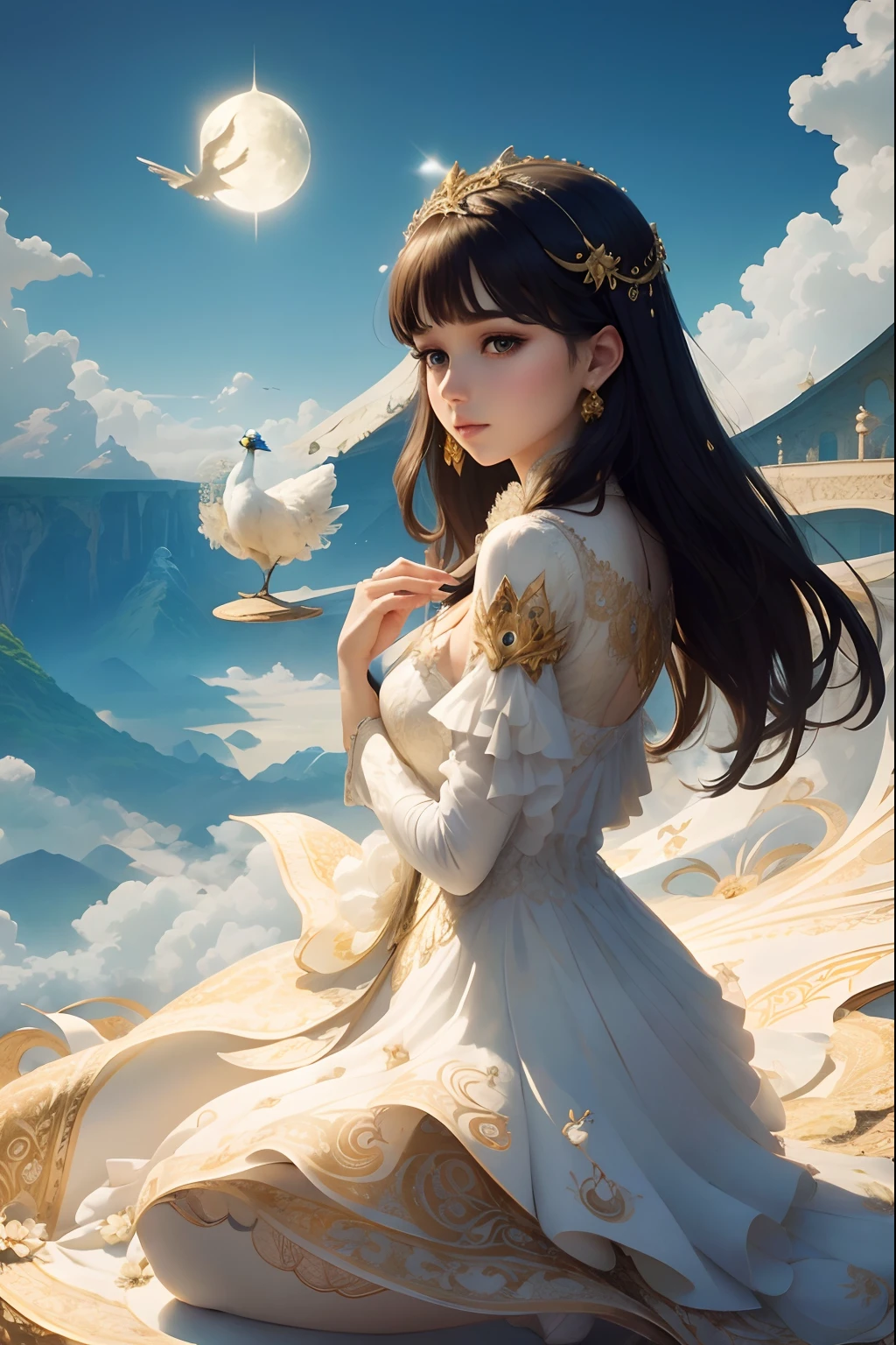 best quality, a stunning artwork of a beautiful white peacock, intricately detailed, (best shadow), elegant, volumetric lighting