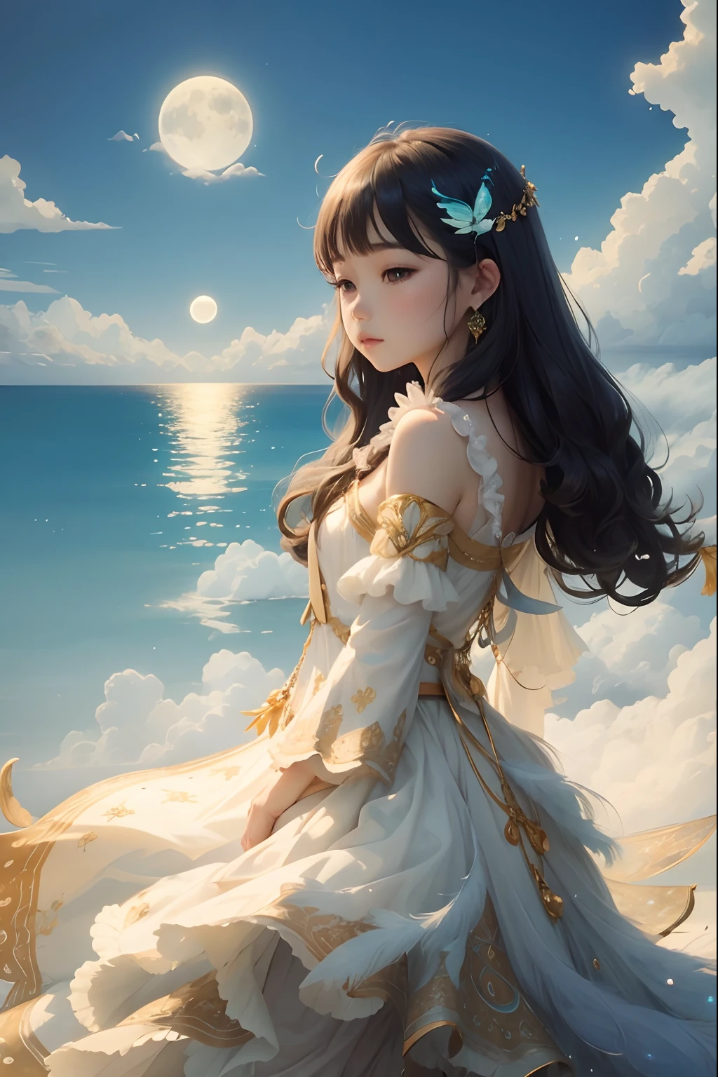 Island near, sky so clear, Moon for love, Fairy tear, dressed in white peacock feathers, Cloud above 24k