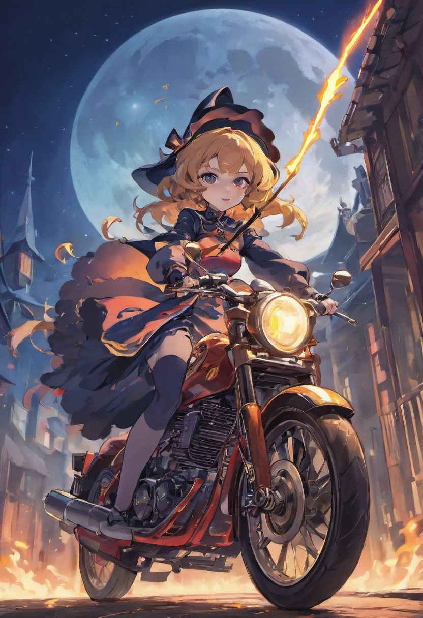 (high quality:1.2),portrait,sexy witch riding a motorcycle, moon in the background,detailed face,motorcycle exhaust smoke flowing,flowing dress,broomstick detail,colorful lights,night scenery,witch hat,twilight ambiance,dramatic shadow,glowing eyes