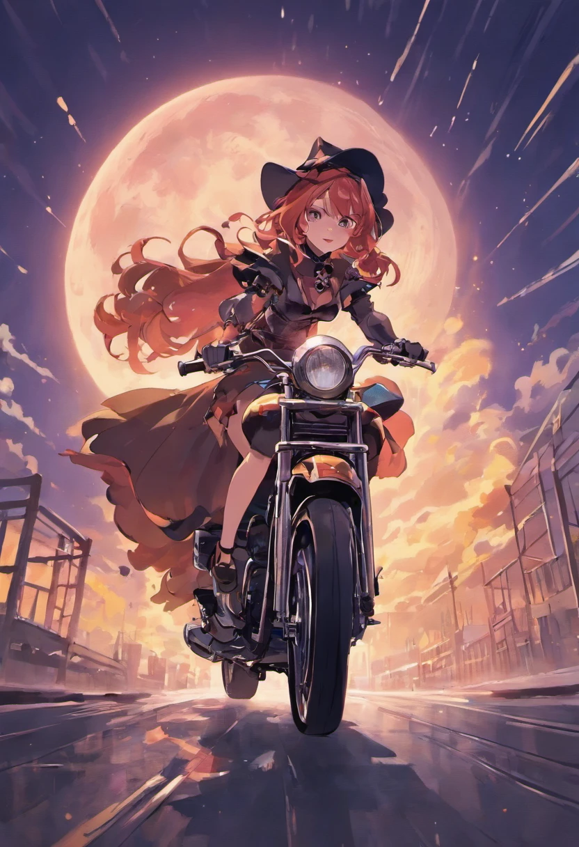 (high quality:1.2),portrait,sexy witch riding a motorcycle, moon in the background,detailed face,motorcycle exhaust smoke flowing,flowing dress,broomstick detail,colorful lights,night scenery,witch hat,twilight ambiance,dramatic shadow,glowing eyes