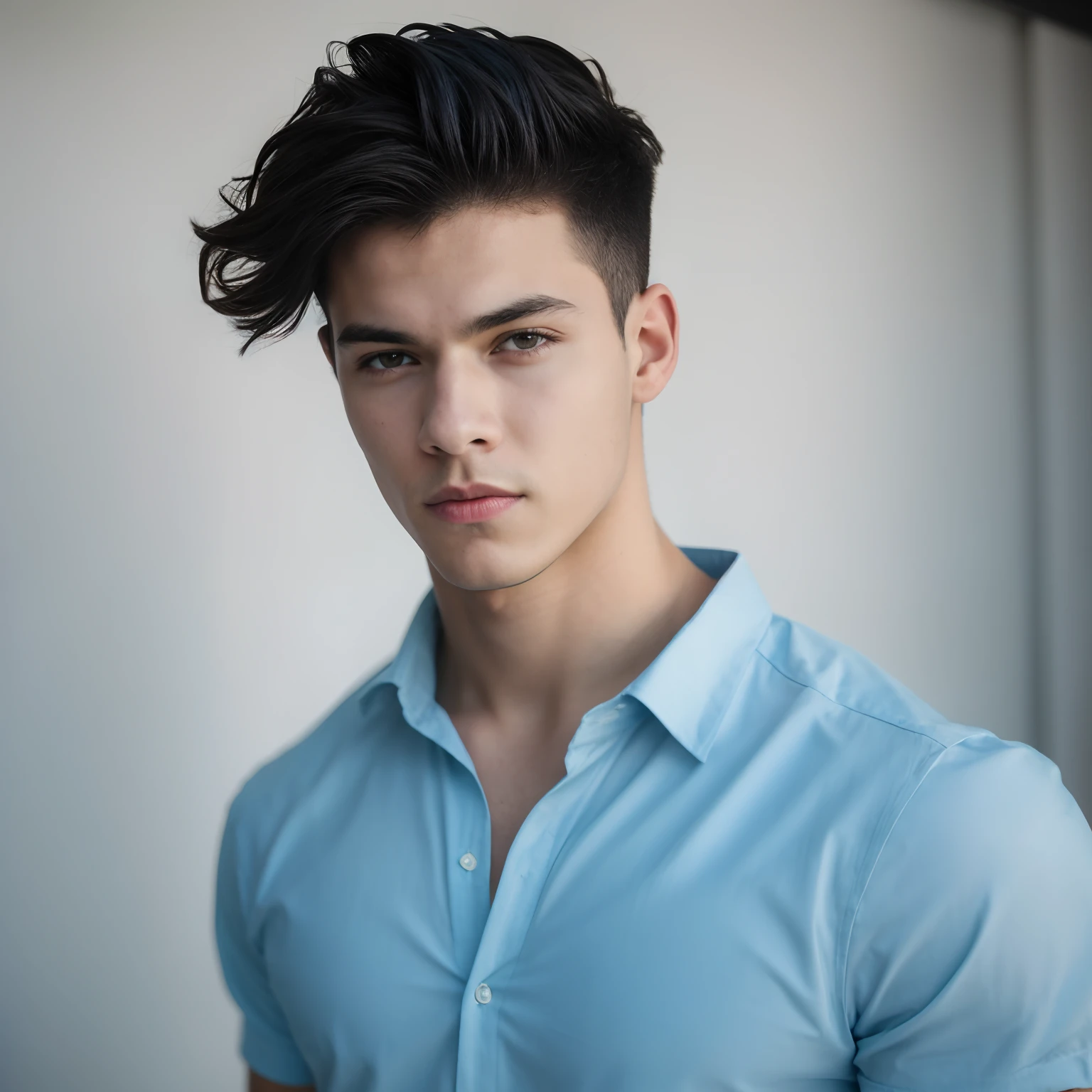 Rapaz com camisa azul e cabelo preto e olhos azuis, jovem adolescente, modelo masculino, inspirado em Adrian Zingg, jovem bonito, bonito rosto atraente, jovem bonito, Jovem com rosto bonito, linha angular do maxilar, retrato do jovem bonito, rosto bonito perfeito, short hair on top of his head, Macho bonito, lindo modelo jovem, Harry Styles 8k
