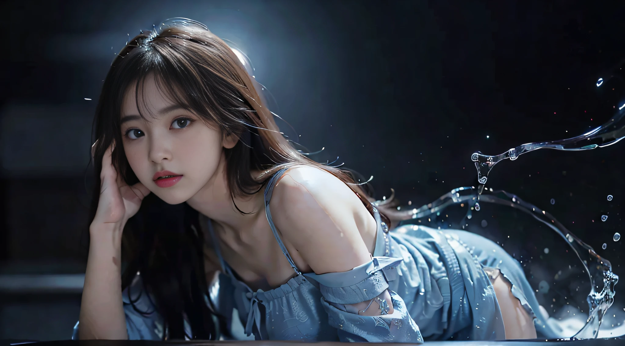 Fantastic Stage,Night, Dark, (Fantasy),infinite,deep blue sky,The abyss of knowledge,Cowledge,((masutepiece)), (((Best Quality))),((Beautiful fine eyes)),(Eye lashes)、Realistic clouds、Very beautiful face、The ultra -The high-definition、Girl singing with microphone、(1人)、Black hair、The long-haired、abyss eyes、glowy skin、oils、small tits、Perfect human body structure、、Tee、Super delicate CG Unity 32k wallpaper、photoRealstic、masterpiece, ((ultra-detailliert)), ((illustratio)),colourfull,wall-paper,The energy,Unknown terror,Incomprehensible,Boken,Flying pages,Know everything,Predict the future、Get to know the past、Infinite wisdom、blue flames