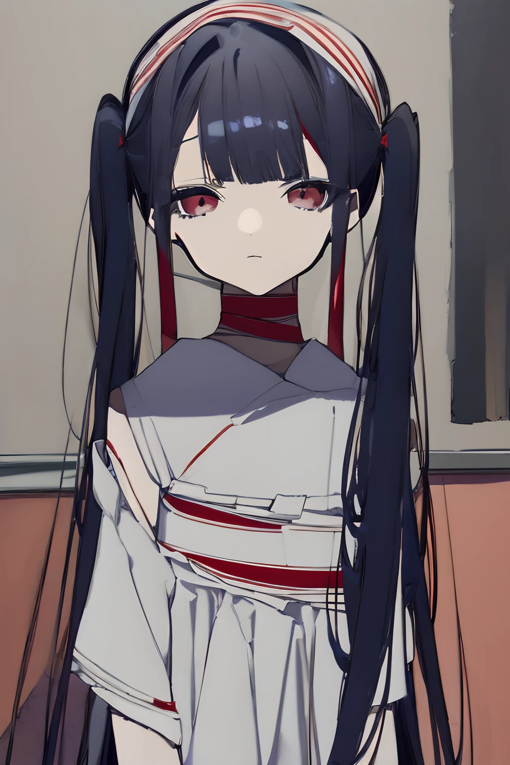 1girl, young girl, masterpiece, high quality, dark blue hair, bangs, red eyes, twintail, long hair, ((bandaged)), (wearing a white and red ruin dress), a torn dress, (in the old room), in the narrow room, sad, dark, (lonely), ((detail face))