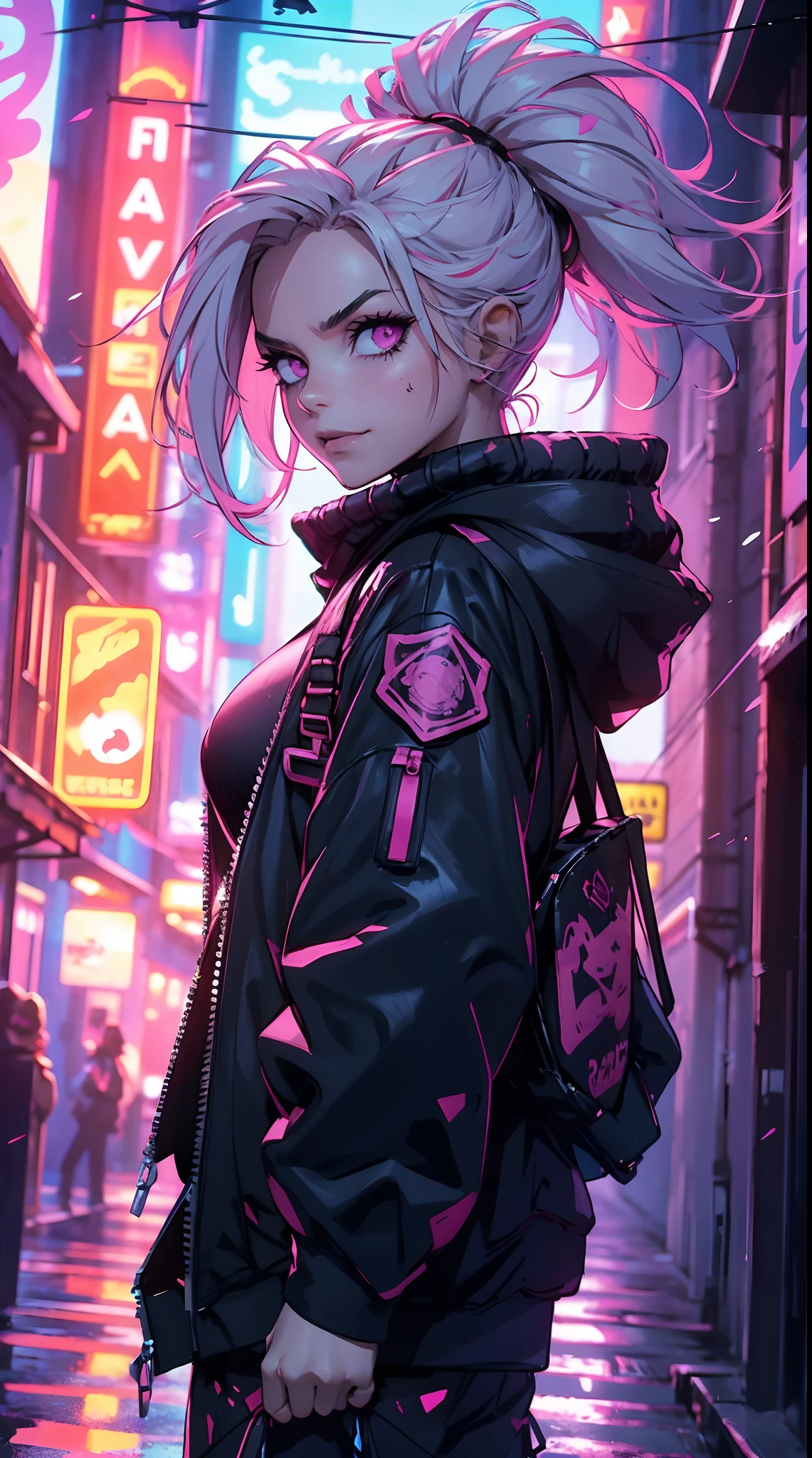 Hermosa mujer, cabello rosado, cabello puntiagudo, ojos rosados, Cola de hadas, Calles cyberpunk en, Estilo cyberpunk, Traje blanco cyberpunk, tiene estilo cyberpunk, cyberpunk, cosplay completo, Calidad ultra HD, ((cara afilada)), Arte Oficial, guapo, macho adulto, 25 years old, Caminando por la calle, sonrisa malvada, 1 ,