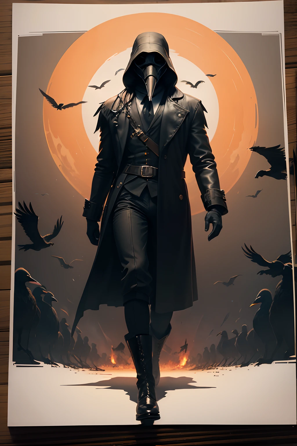 Illustrated Portrait of 1 man wearing a ((beaked white plague doctor mask)) and a hooded black leather coat, black gloves, and black boots, staring menacingly into the camera, 1930s pulp style :: in the style of RISO print ::  Shot on Kodacolor VR 400 :: flames on the ground behind him, ((flock of crows in flight in background)), orange and black color scheme, orange moon behind