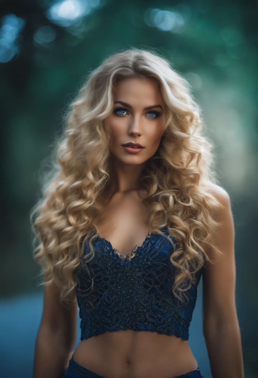 very pretty woman with long curly blonde hair and pretty blue eye's bell piercing full body shot