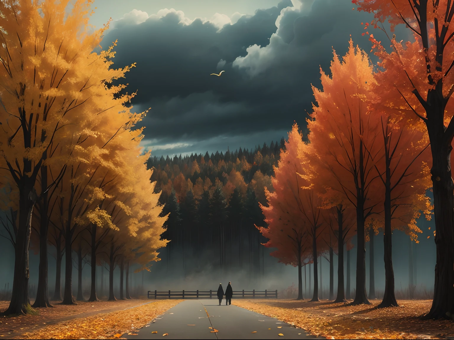 vivid colors,bokeh,landscape,concept,falling leaves,trees,autumnal colors,ambiance,Gothic style,eerie overcast day sky,dried leaves,crispy air,windy gusts,Autumn,Halloween, dark green gras
