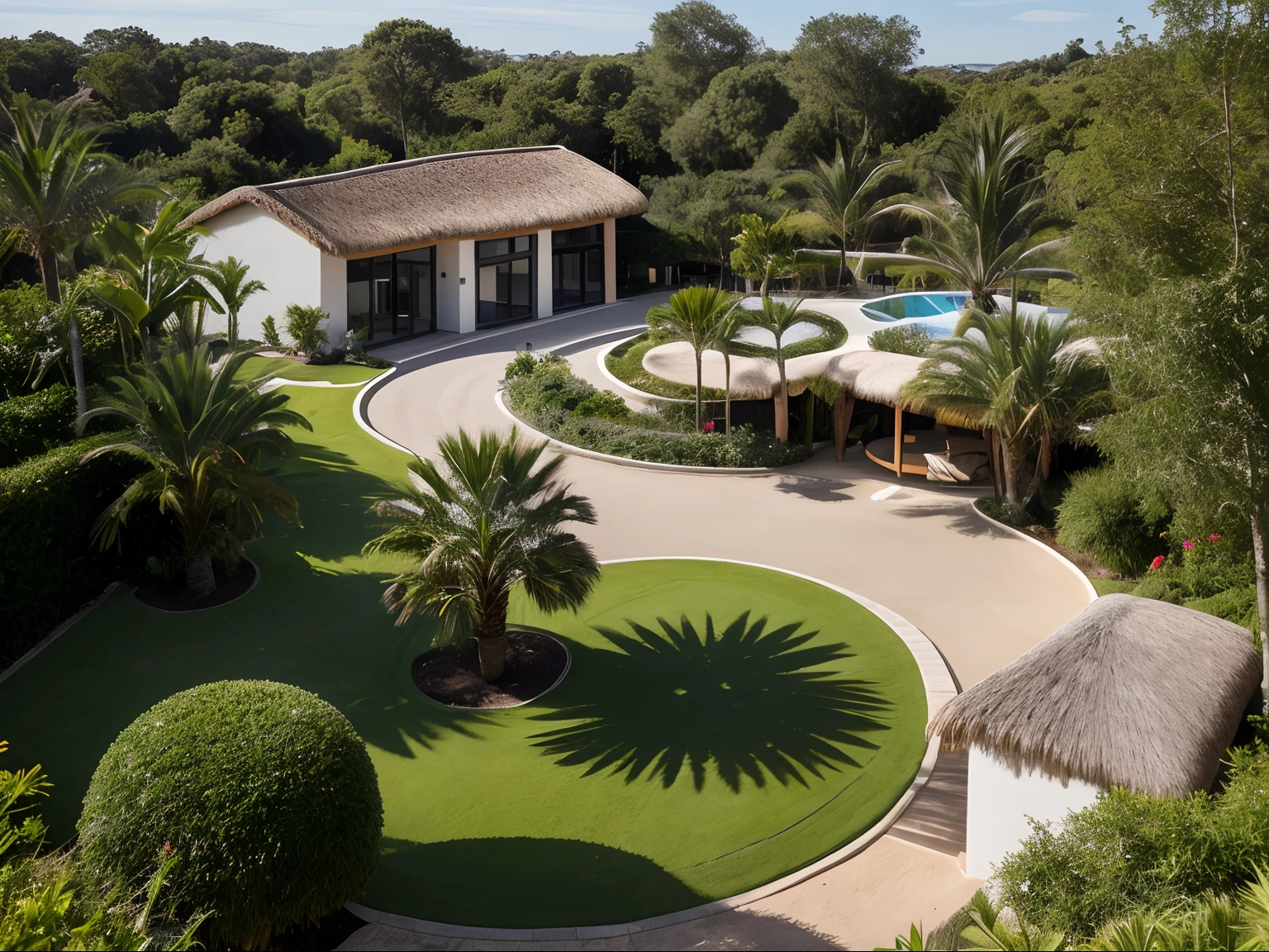 RAW photo, real, best quality, land area 1 hectarem, a green park accounting for 20%, Tropical architecture, 1-storey building, thatched roof, curvy form, project in the countryside, The overall perspective of the complex includes showroom, restaurants, outdoor parking lot and car parked outside, scale, very very very high details, beautiful skylight, real sky