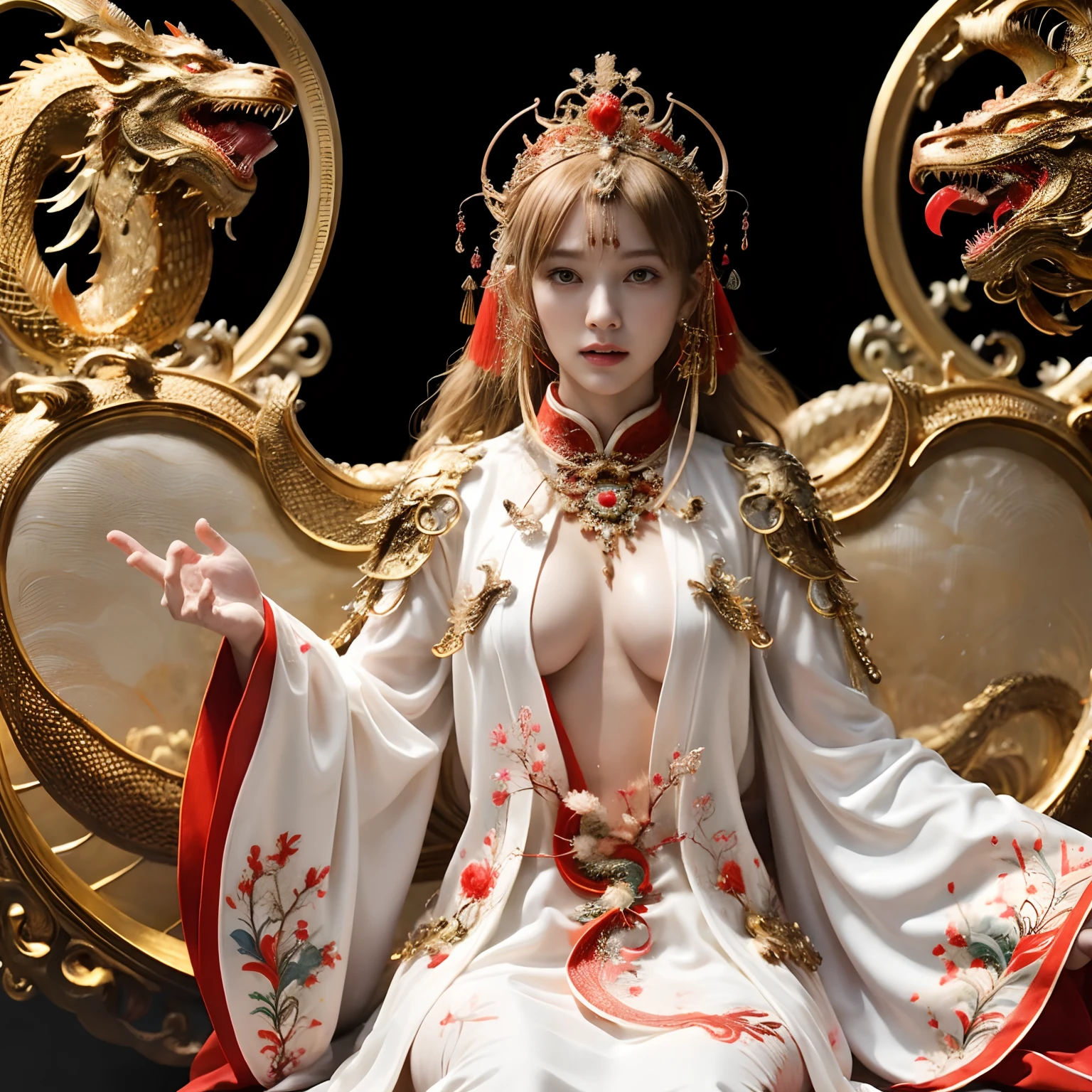 (Fight fiercely with dragons)、top-quality、masterpiece、超A high resolution、(White Dragon Armor)、dragon armor、(Wearing a beautiful crown made of jewels),(Photorealsitic:1.4)、Raw photo、1人、Golden hair、glowy skin、(((Chinese Dragon)))、(Gorgeous Jewelry Necklaces)、(Mystical expression)、(Fight big dragons)、With a beautiful knife、(White Metal Bodysuit)、(beautiful forest background)、Precipitous cliffs、(Small LED)、((super realistic details))、portlate、globalillumination、Shadow、octan render、(One-Eyed Scouter)、8K、ultrasharp、Colossal tits、Raw skin is exposed in cleavage、metals、Details of complex ornaments、Japan details、highly intricate detail、Realistic light、CGSoation Trends、Red Eyes、radiant eyes、Facing the camera、neon details、(Mechanical limbs)、(blood vessels connected to tubes)、Mechanical vertebrae attached to the back、mechanical cervical attaching to neck、(Wires and cables connecting to the head)、Gundam、Small LED、,Mechanical thighs、Toostock、(Hands are also made of machines)、(veils)、