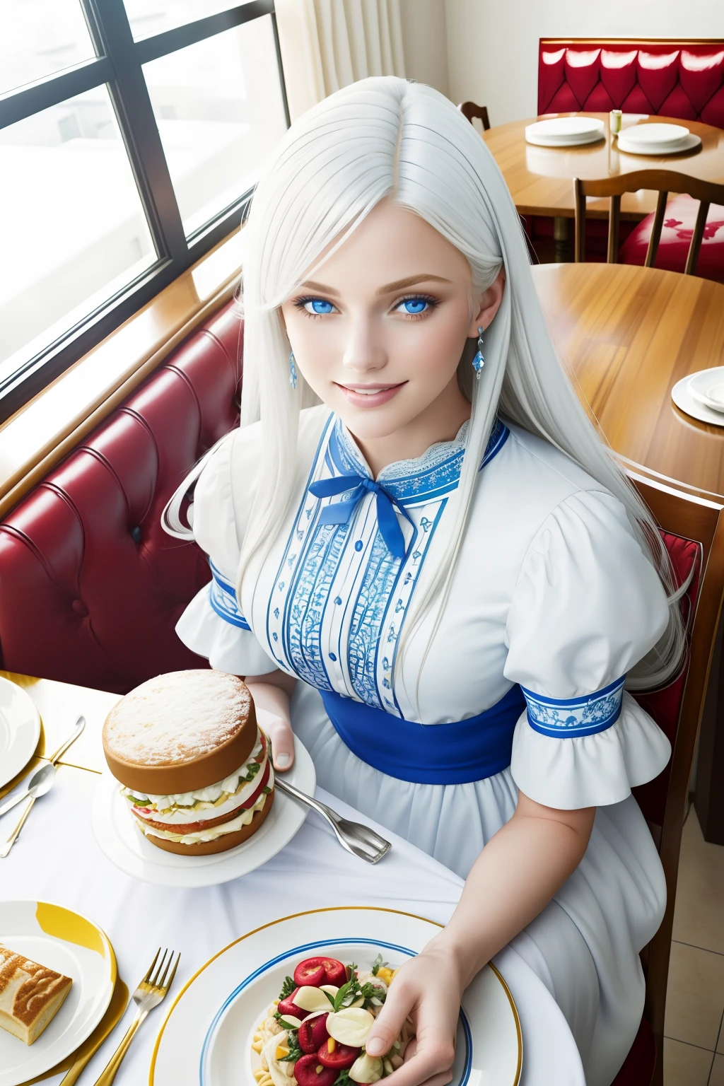 vibrant colors, girl, masterpiece, sharp focus, best quality, depth of field, cinematic lighting, white hair, blue eyes, bright smile, blue and white flowers, blue luxurious dress, blue and white theme, red eyes, yellow hair, very long hair, cafe, indoors, setting, food, from above, smiling, casual clothes,