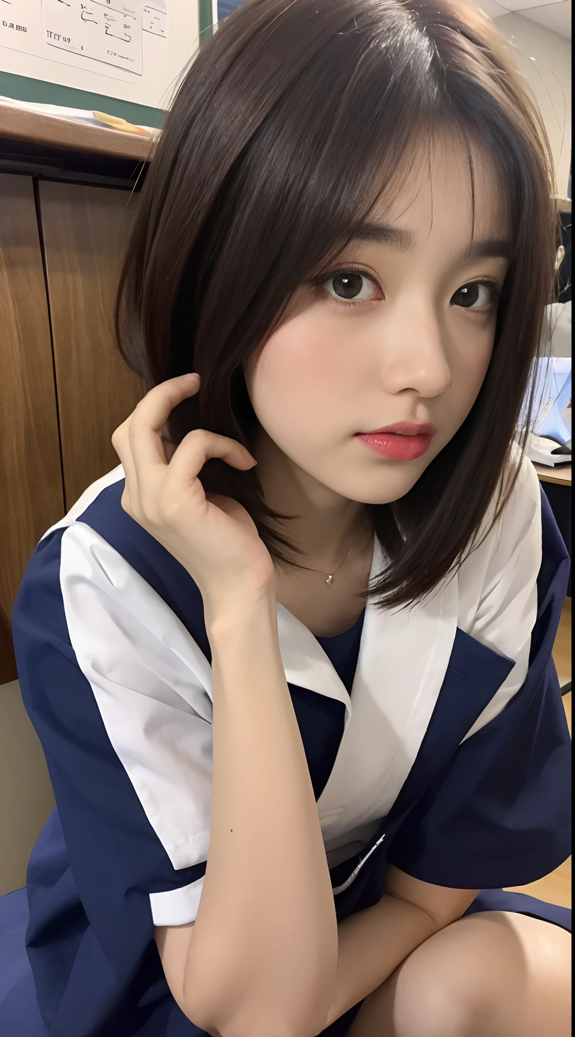 (Top Quality, 8K, Masterpiece: 1.3)), Focus: 1.2, Perfect Body Beauty: 1.8, Ass: 1.2, ((Layered Haircut, Breasts: 2.5)), Japan High School Girl, Sailor Suit Worn by Japan High School Students, JK, (School, Classroom), Highly Detailed Face and Skin Texture, Big Eyes, Tanuki Face, Double Eyelids, Whitened Skin, Shoot Cut