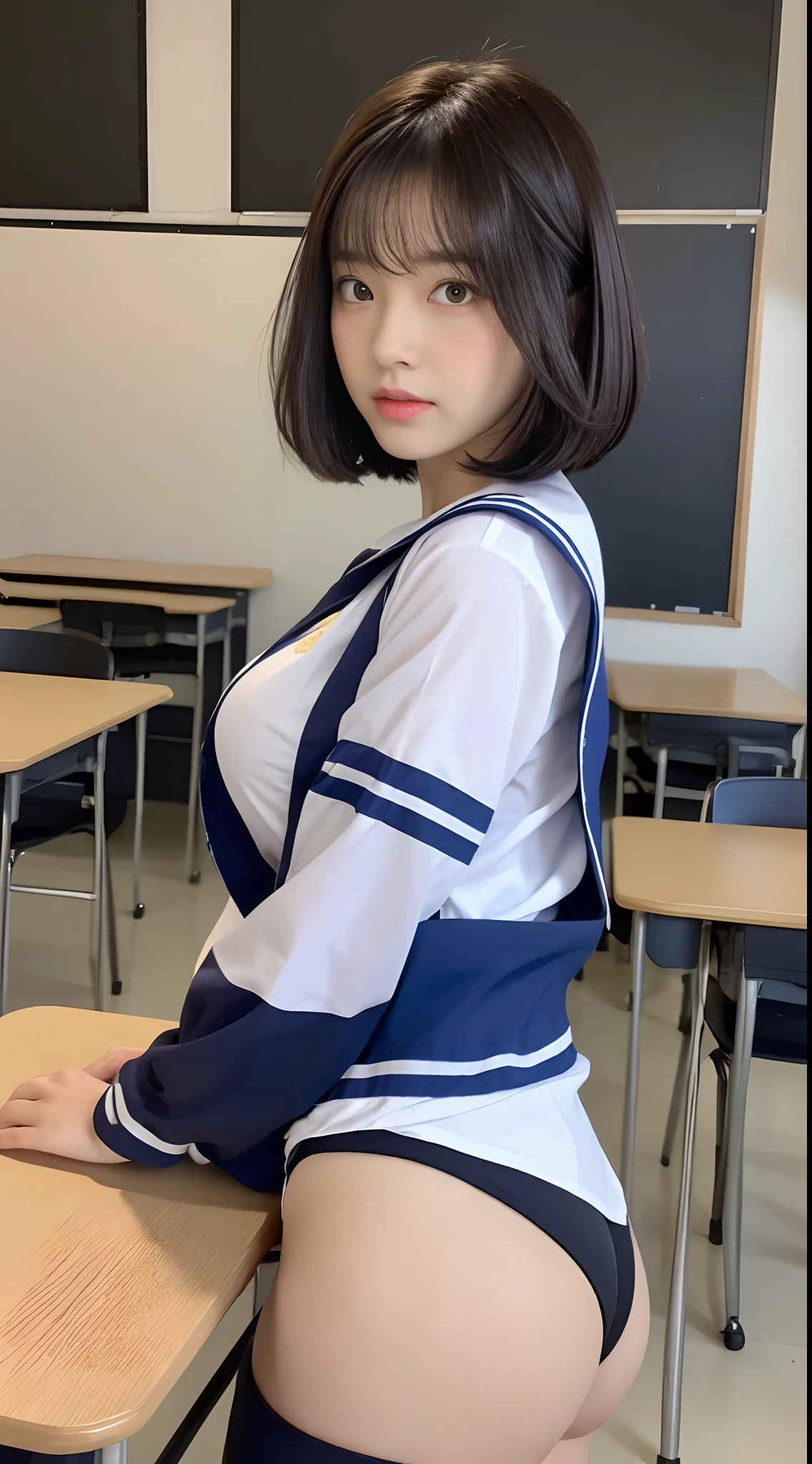 (Top Quality, 8K, Masterpiece: 1.3)), Focus: 1.2, Perfect Body Beauty: 1.8, Ass: 1.2, ((Layered Haircut, Breasts: 2.5)), Japan High School Girl, Sailor Suit Worn by Japan High School Students, JK, (School, Classroom), Highly Detailed Face and Skin Texture, Big Eyes, Tanuki Face, Double Eyelids, Whitened Skin, Shoot Cut