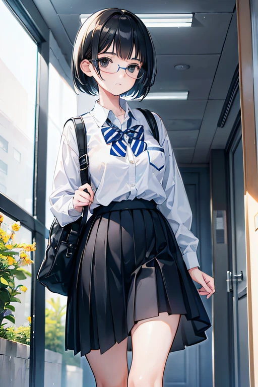 ((masterpiece, highest quality, 1 girl、)), mature woman, (heavy body),、from below:1.4、lift skirts、 (white shirt、pleated skirt、black lace panties、black garter belt), black hair, glasses:1.4、short hair, black eye , embarrassing、blush、((close,)) ,,,tears、、orgasm、 ((flushed)),embarrassing、Sweat、vapor、School、cinematic angle