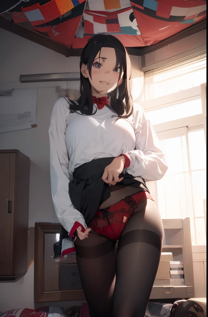 ultra-quality, ultla highres, Hyper Detailed, High contrast, superfine illustration, creative refinement, ssmile,Red panties, Show panties, skirt by the, pantyhose