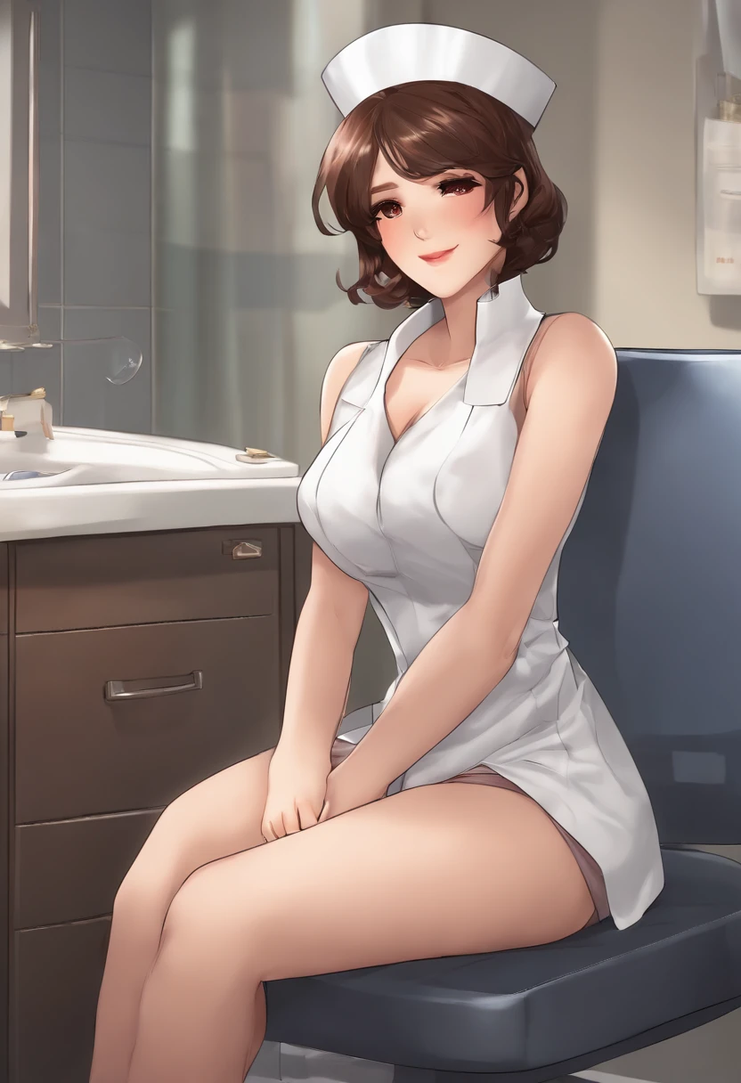 sakaiyuki,solo ,(((twinkle in the eyes, nsfw))),full body , sitting on a chair,nurse,browneyes,brownhair,shorthair, hospital, , (((looking away)))