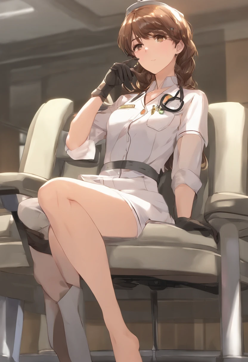 sakaiyuki,solo ,(((twinkle in the eyes, nsfw))),full body , sitting on a chair,nurse,browneyes,brownhair,shorthair, hospital, , (((looking away)))