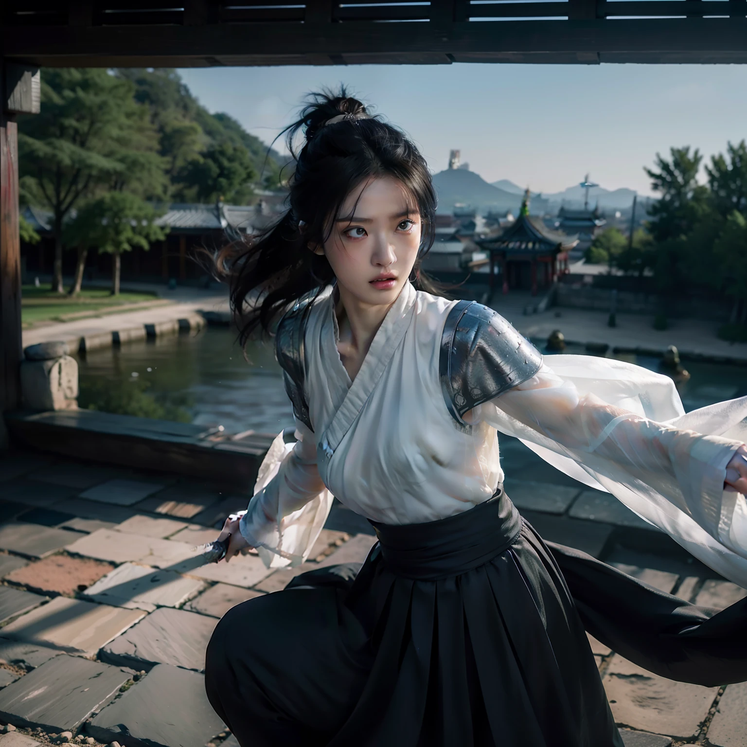 1个Giant Breast Girl，（Mature girl），Thin，warrioress，deusa Atena，animemanga girl，anime cosplaying，realistic cosplay， Willow eyebrows， Handsome， The expression is serious，Black color hair， Yellow eyes， Raise an eyebrow，Short ponytail hair，Translucent skirt， long  skirt， （Pure white skirt）， obi strip，Shoulder blades，White cape，standing on your feet， long eyelasher， Solid, Round eyes， ears red， fragrans，Background bokeh，starryskybackground，Stand on the city wall，Chinese City Wall， mountain ranges， Epic， ultra-realistic realism， Falling shadows， super detailing， acurate， stereograms， atmosphric perspective， wearing black mask, 8K， best qualtiy