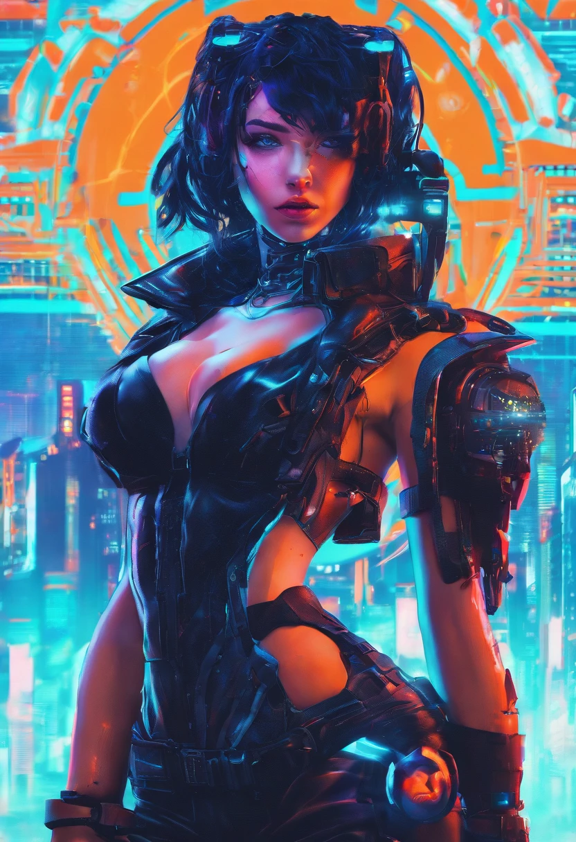 (best quality, highres), detailed blue eyes, detailed black hair, steampunk dress, sexy girl, sultry expression, futuristic industrial background, soft lighting, vibrant colors