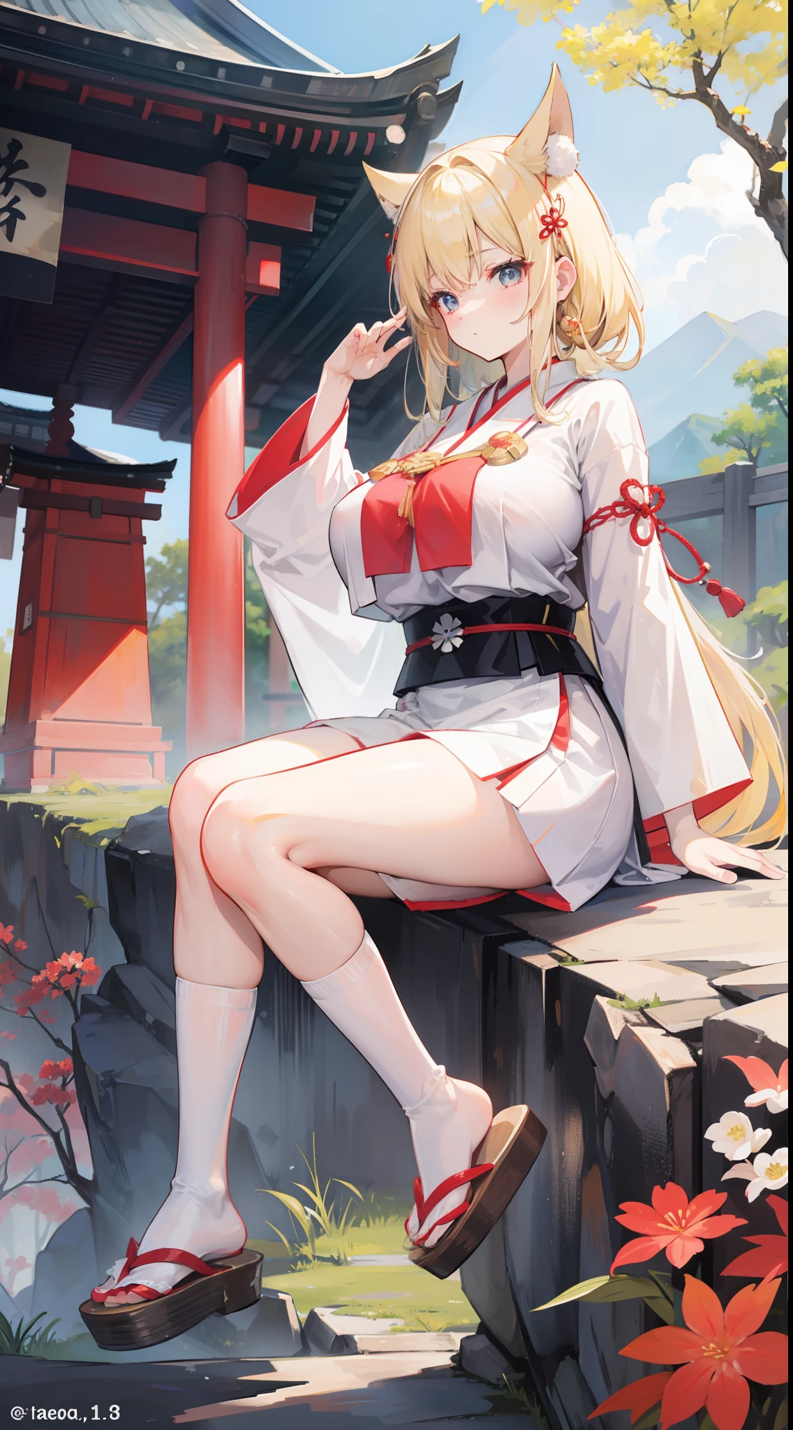 The blonde，Japan Priestess，Shrines，Torii，white short socks，clogs，(huge tit)，Sit on your knees