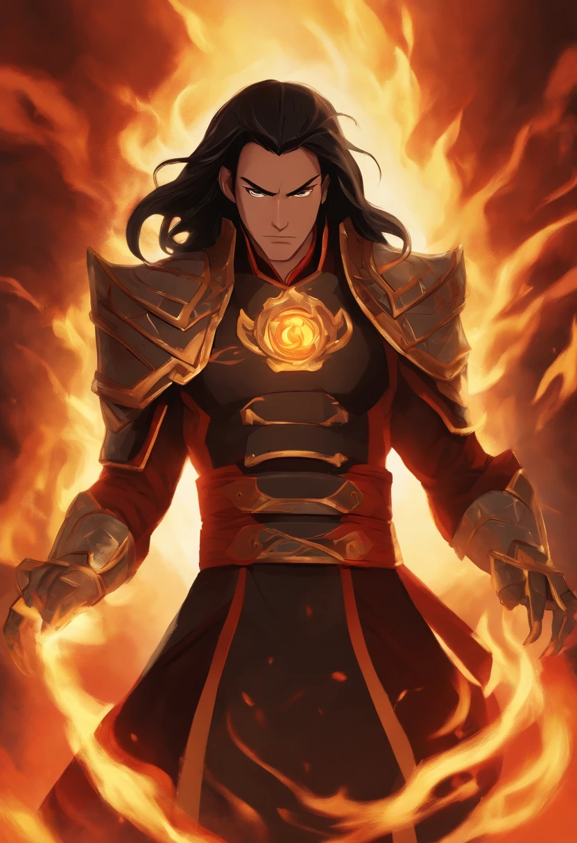 super detailed, 1Man, Long Black Hair, Chi Fighter, Fire Nation Clothes, (((Big Eletric Metal Gauntlet in one hand)))