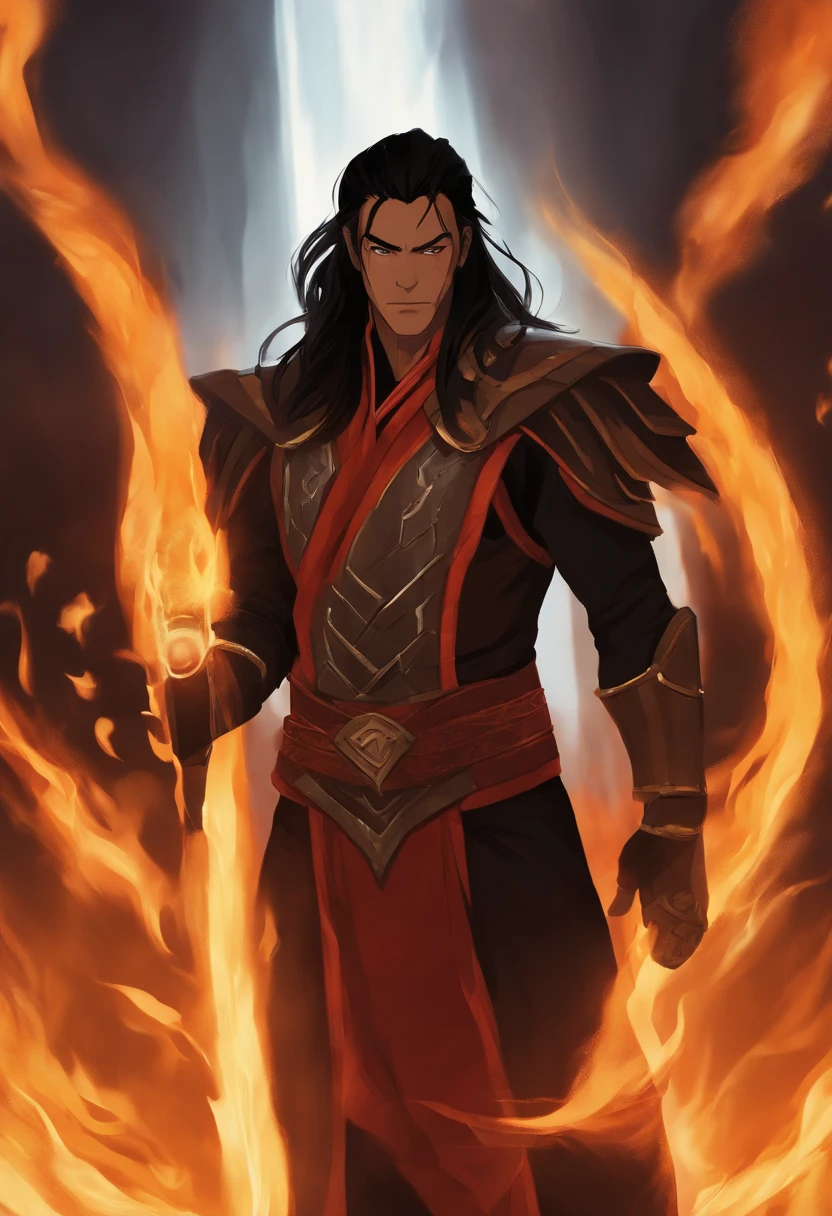 super detailed, 1Man, Long Black Hair, Chi Fighter, Fire Nation Clothes, (((Big Eletric Metal Gauntlet in one hand)))