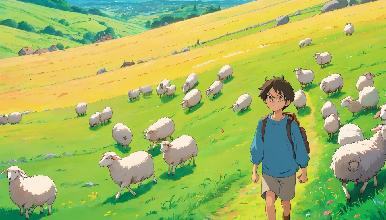 A  boy strolling around hill with a headphone and sheeps