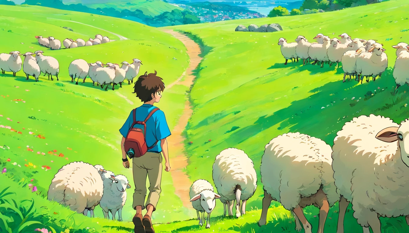 A teenage boy strolling around hill with a headphone and sheeps