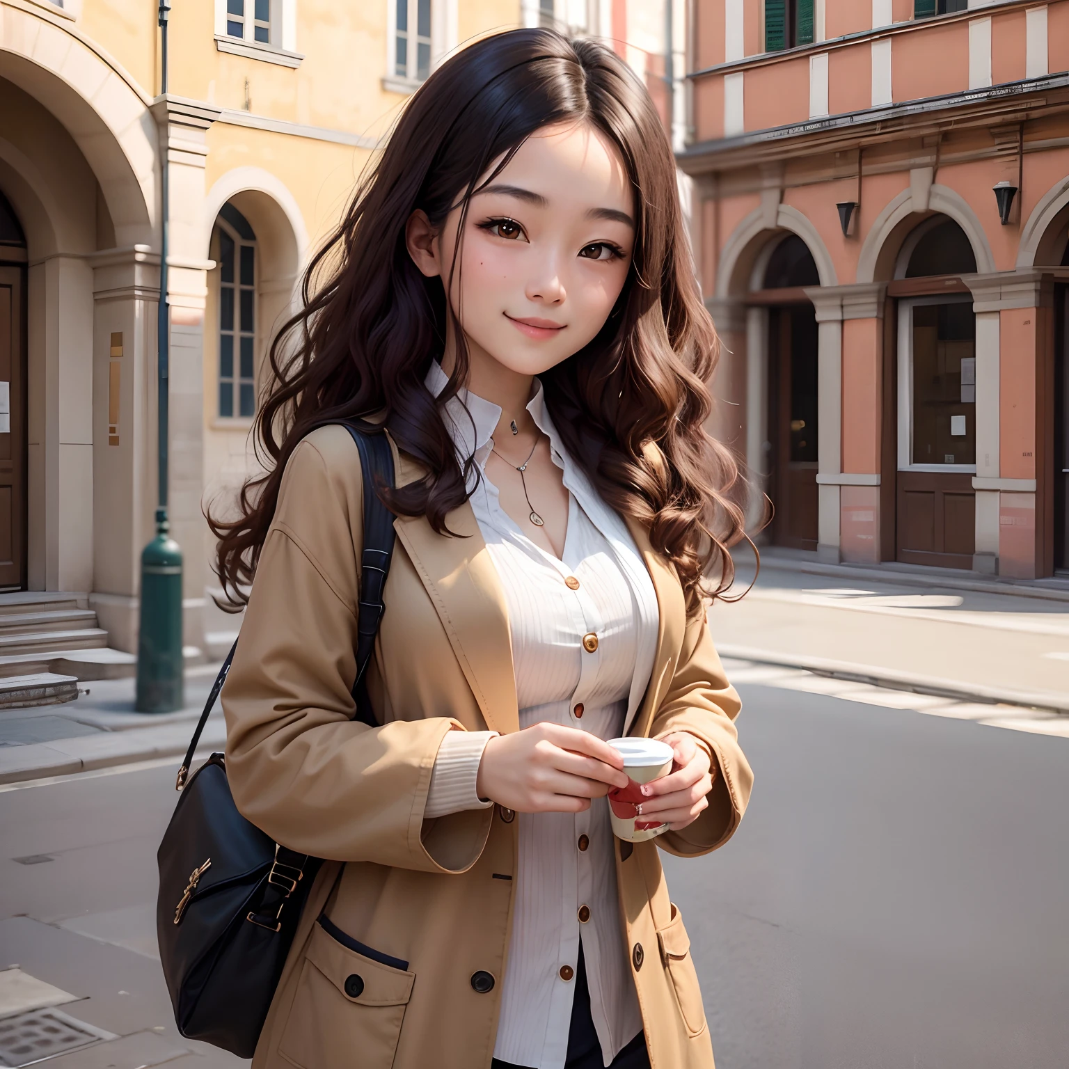 An Italian Chinese girl with brown curly hair smiles confidently in front of the University of Bologna