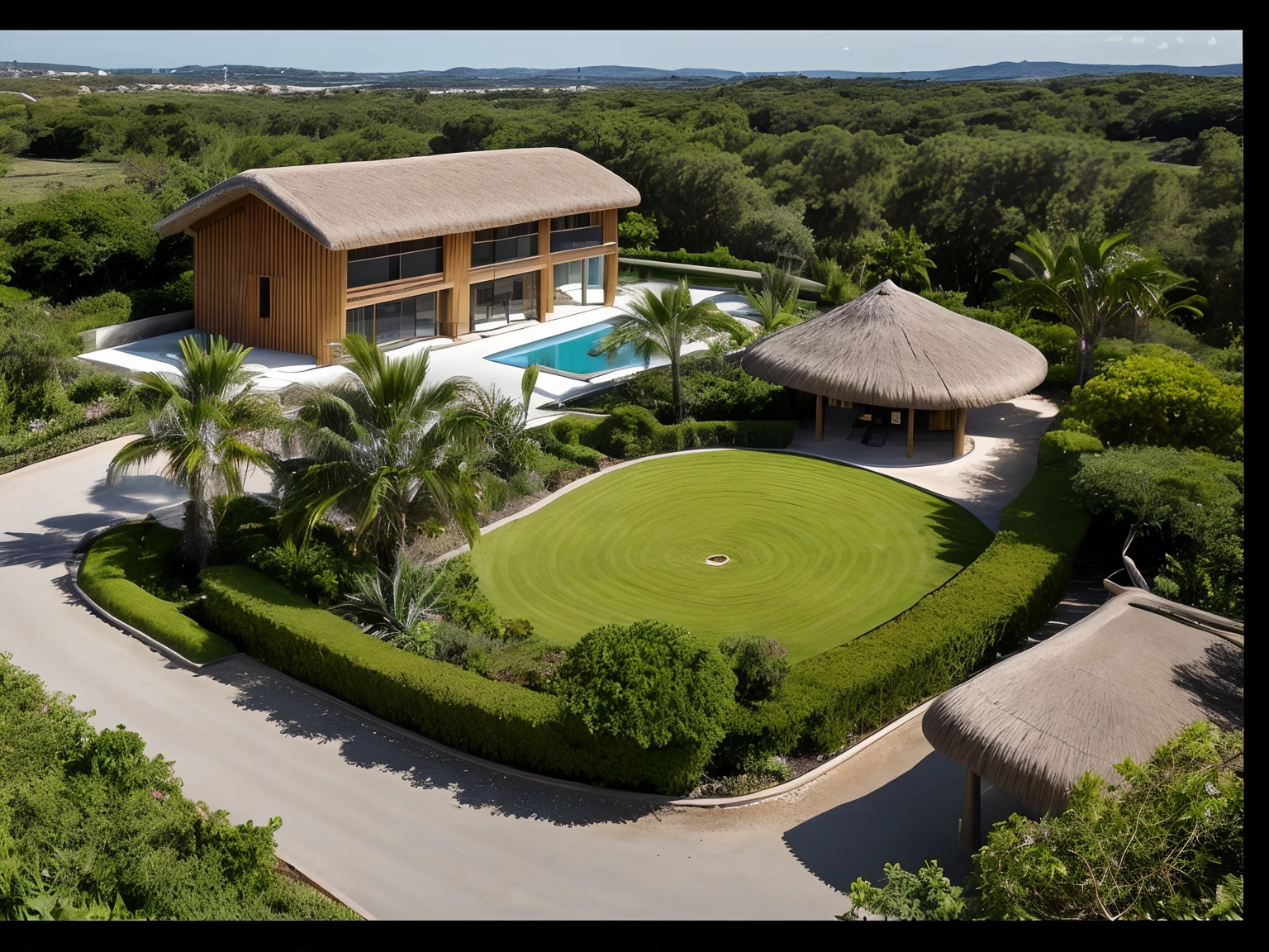 RAW photo, real, best quality, land area 1 hectarem, a green park accounting for 50%, Tropical architecture, 1-storey building, thatched roof, curvy form, project in the countryside, The overall perspective of the complex includes showroom, restaurants, outdoor parking lot and car parked outside, scale, very very very high details, beautiful skylight, real sky
