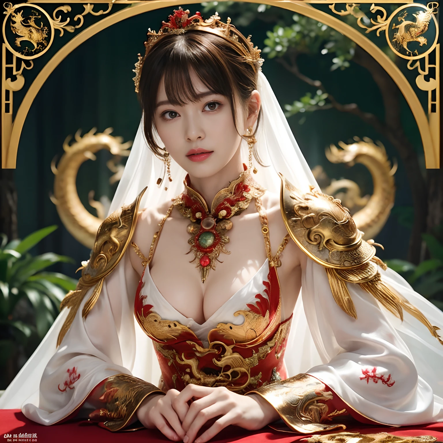 (Fight fiercely with dragons)、top-quality、​masterpiece、超A high resolution、（White Dragon Armor）、dragon armor、(Wearing a beautiful crown made of jewels),(Photorealsitic:1.4)、Raw photo、女の子1人、Golden hair、glowy skin、(((Chinese Dragon)))、（Gorgeous Jewelry Necklaces）、（Mystical expression）、（Fight big dragons）、With a beautiful knife、（White Metal Bodysuit）、(beautiful forest background)、Precipitous cliffs、(Small LED)、((super realistic details))、portlate、globalillumination、Shadow、octan render、（One-Eyed Scouter）、8K、ultrasharp、Colossal tits、Raw skin is exposed in cleavage、metals、Details of complex ornaments、Japan details、highly intricate detail、Realistic light、CGSoation Trends、Red Eyes、radiant eyes、Facing the camera、neon details、(Mechanical limbs)、(blood vessels connected to tubes)、Mechanical vertebrae attached to the back、mechanical cervical attaching to neck、(Wires and cables connecting to the head)、Gundam、Small LED、,Mechanical thighs、Toostock、（Hands are also made of machines）、（veils）、