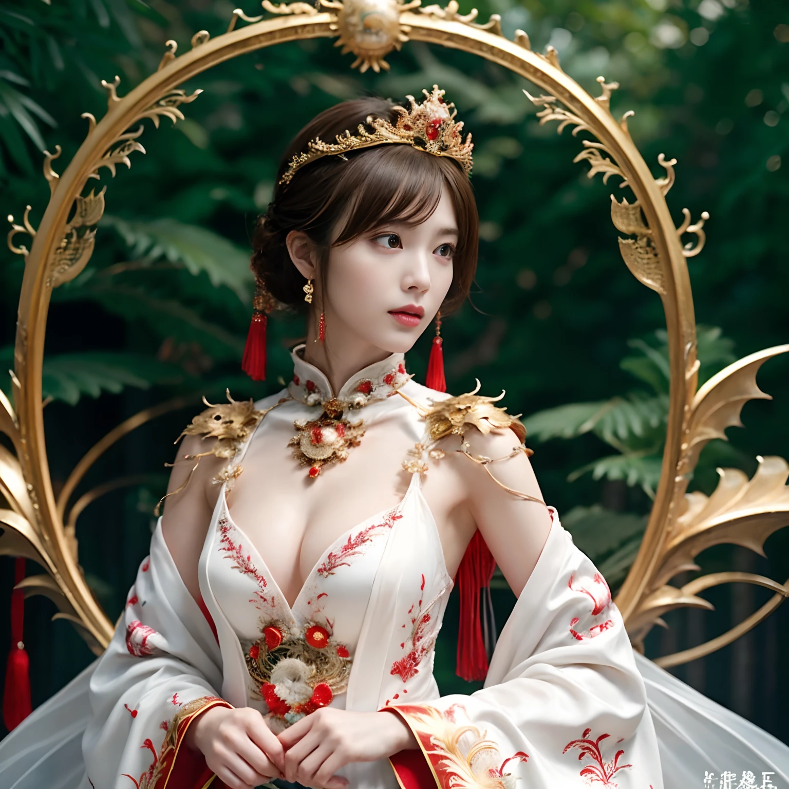 (Fight fiercely with dragons)、top-quality、​masterpiece、超A high resolution、（White Dragon Armor）、dragon armor、(Wearing a beautiful crown made of jewels),(Photorealsitic:1.4)、Raw photo、女の子1人、Golden hair、glowy skin、(((Chinese Dragon)))、（Gorgeous Jewelry Necklaces）、（Mystical expression）、（Fight big dragons）、With a beautiful knife、（White Metal Bodysuit）、(beautiful forest background)、Precipitous cliffs、(Small LED)、((super realistic details))、portlate、globalillumination、Shadow、octan render、（One-Eyed Scouter）、8K、ultrasharp、Colossal tits、Raw skin is exposed in cleavage、metals、Details of complex ornaments、Japan details、highly intricate detail、Realistic light、CGSoation Trends、Red Eyes、radiant eyes、Facing the camera、neon details、(Mechanical limbs)、(blood vessels connected to tubes)、Mechanical vertebrae attached to the back、mechanical cervical attaching to neck、(Wires and cables connecting to the head)、Gundam、Small LED、,Mechanical thighs、Toostock、（Hands are also made of machines）、（veils）、