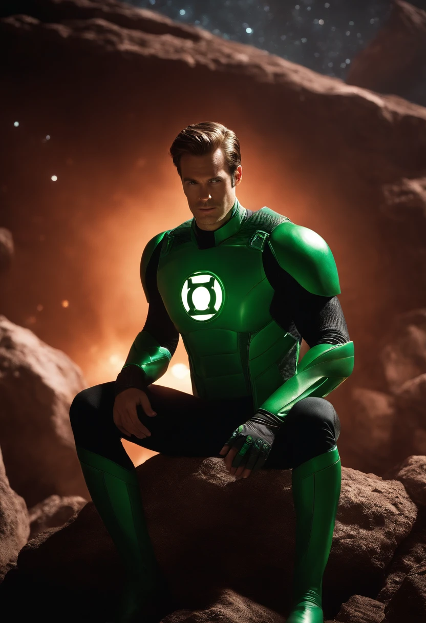 Green Lantern sitting on a research platform floating in the middle of the asteroid belt. He studies with a notebook, surrounded by several asteroids glowing with a fiery aura. Dramatic lighting from distant stars and planets illuminates the scene, casting deep shadows on the costume. The young man looks confident and determined, looking at the vast and mysterious universe with wonder and respect, facial hair, cowboy shot,