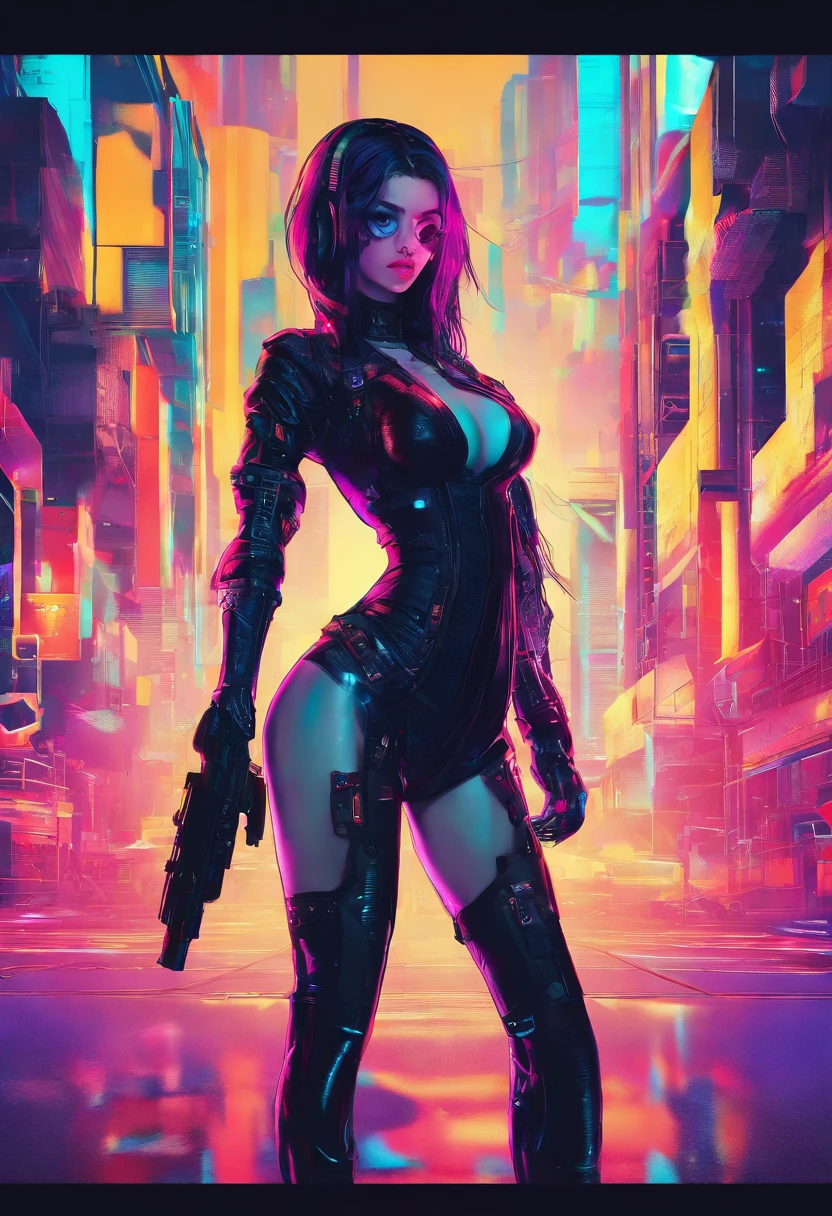 (La mejor calidad, Altas Resoluciones), Ojos azules detallados, Cabello negro detallado, vestido steampunk, chica anime sexy, sultry expression, Fondo industrial futurista, Soft lighting, colores vibrantes